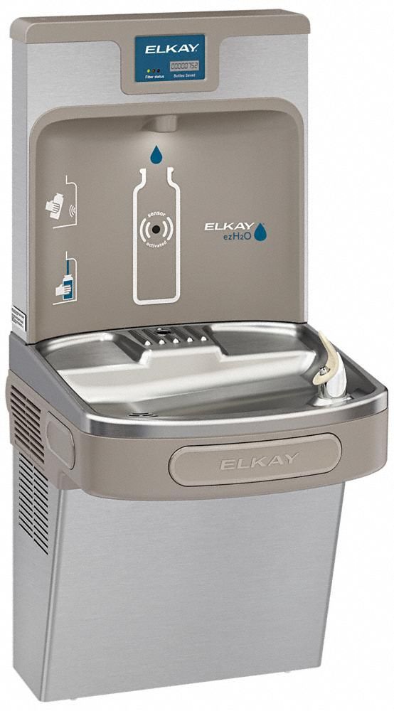 Drinking Fountain with Bottle Filler: On-Wall, 8 gph @ 50°F, Stainless Steel, Gray