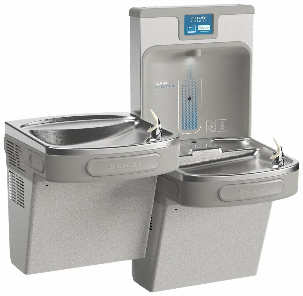 Drinking Fountain with Bottle Filler: On-Wall, 8 gph @ 50°F, Gray, 39 1/16 in Ht