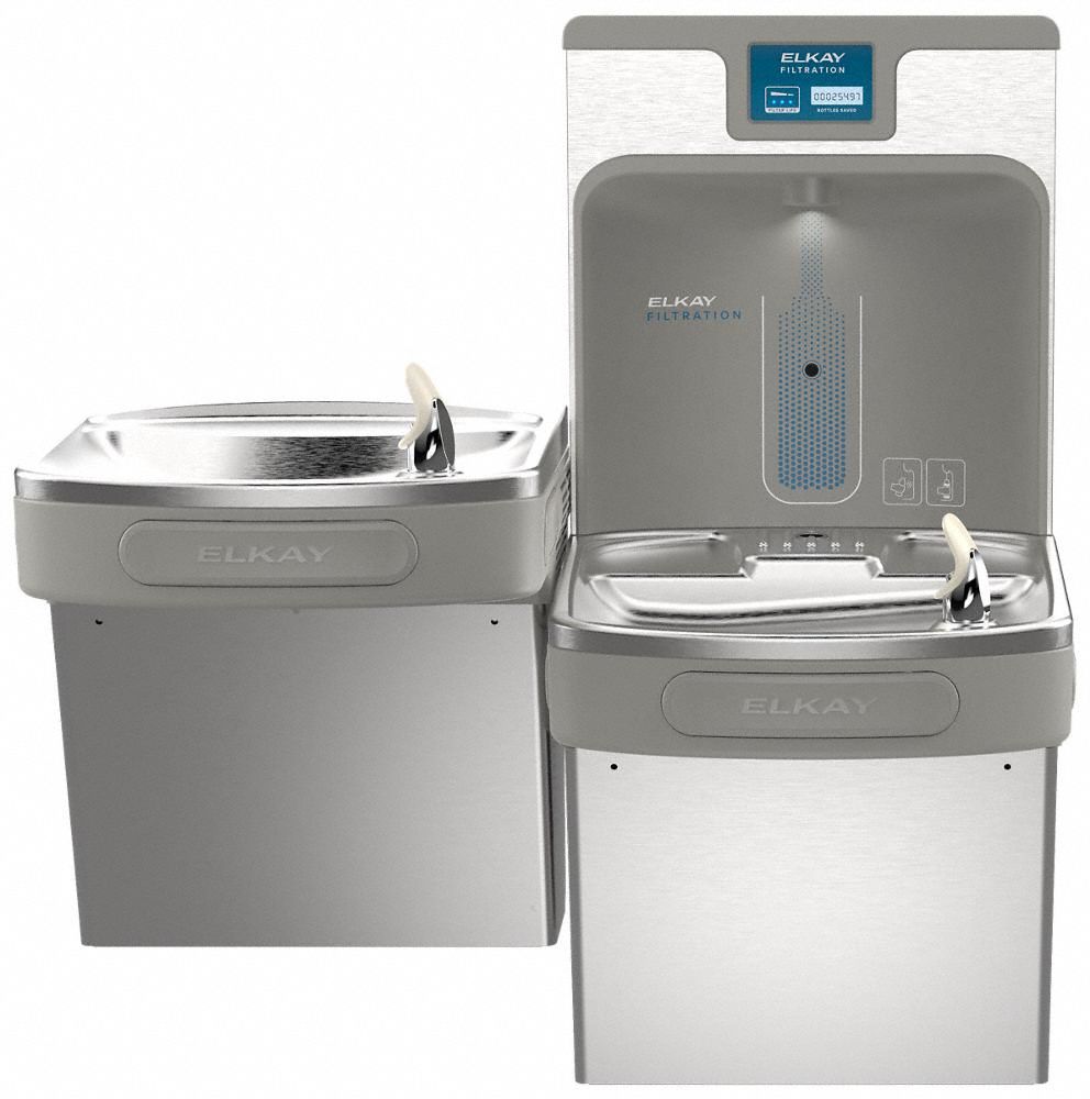 Bi-Level Drinking Fountain with Bottle Filler: On-Wall, 8 gph @ 50°F, Touchless Sensor, Silver