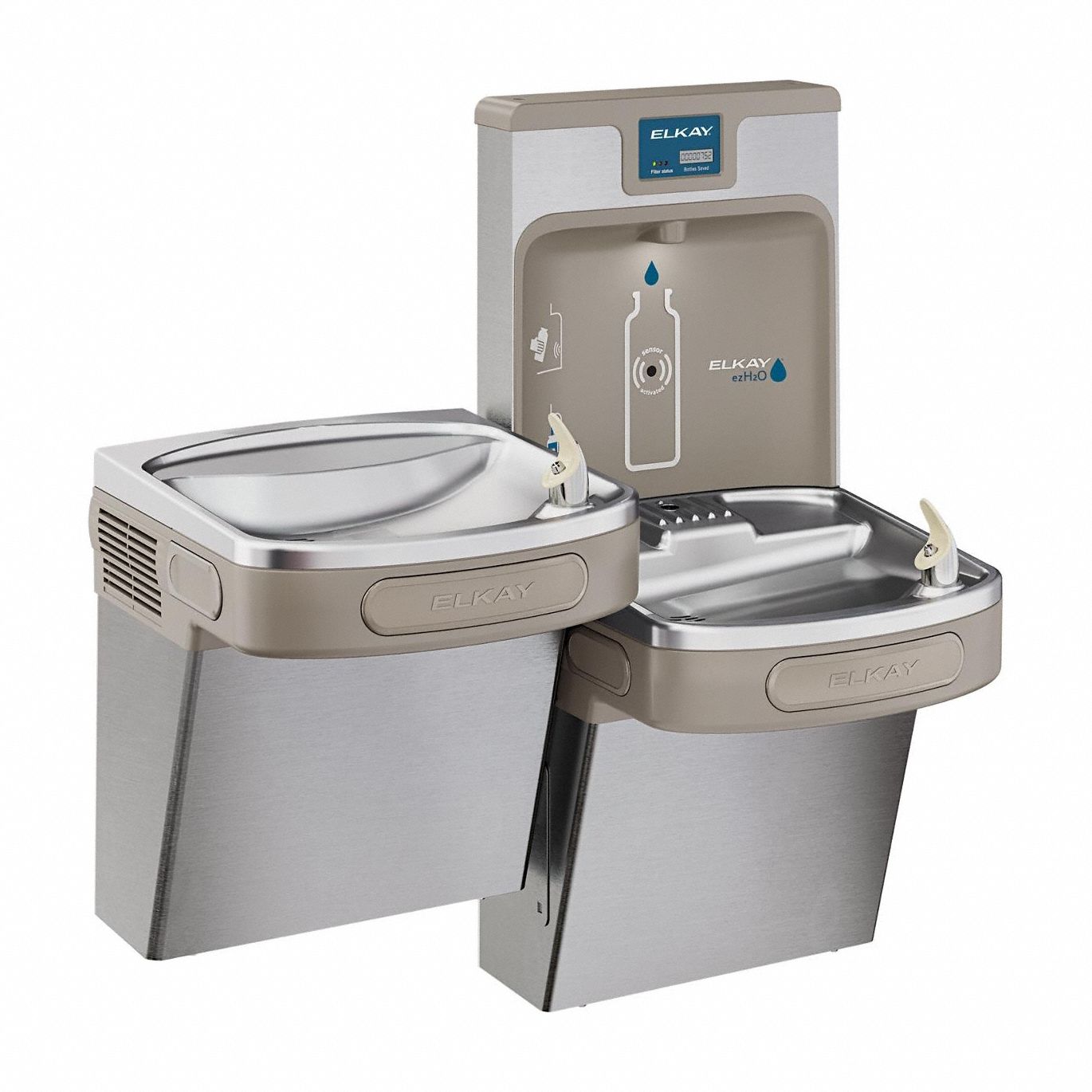 Bi-Level Drinking Fountain with Bottle Filler: On-Wall, 8 gph @ 50°F, Stainless Steel, Gray