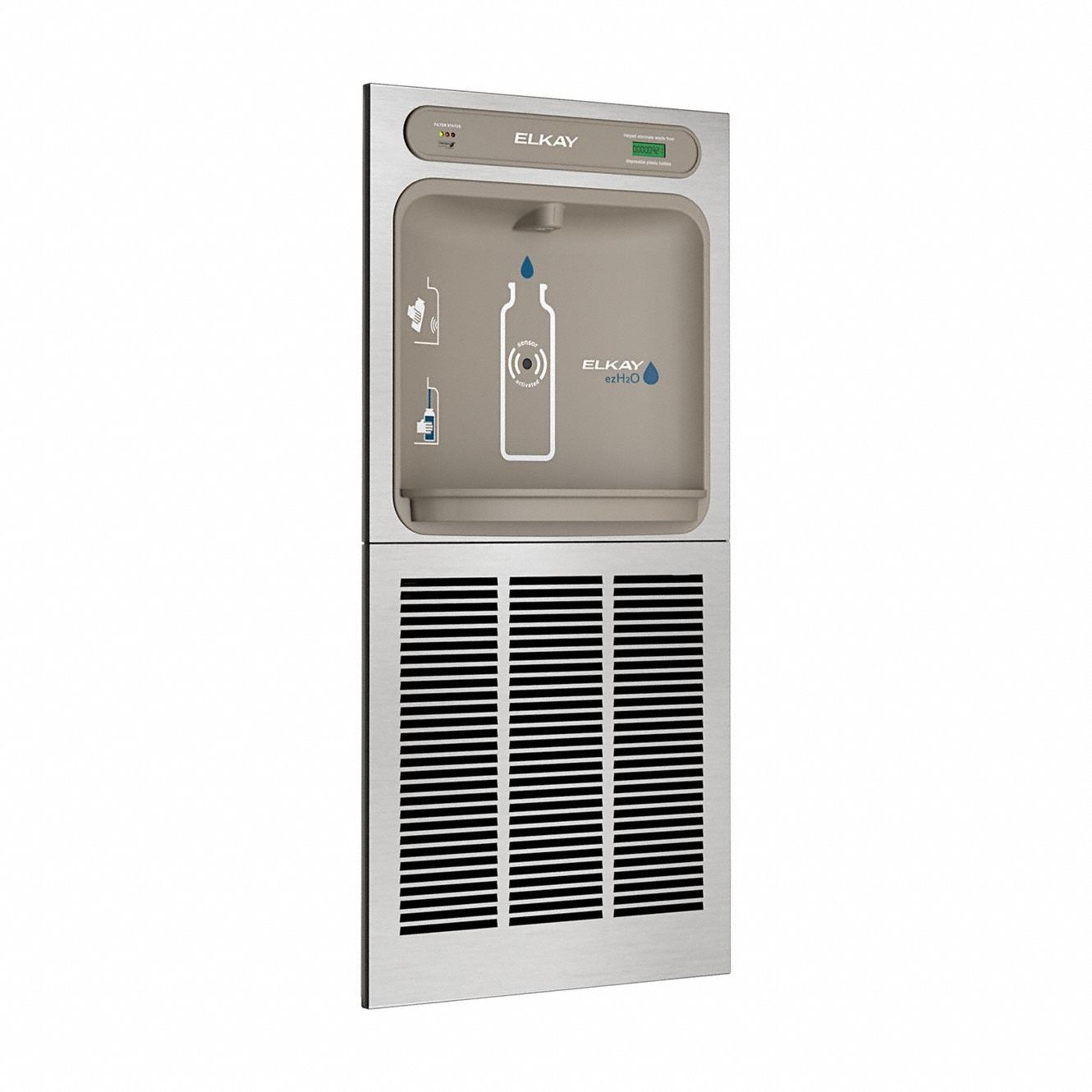 Bottle Filler: On-Wall, 8 gph @ 50°F, Stainless Steel, Silver, Stainless, 40 7/8 in Overall Ht