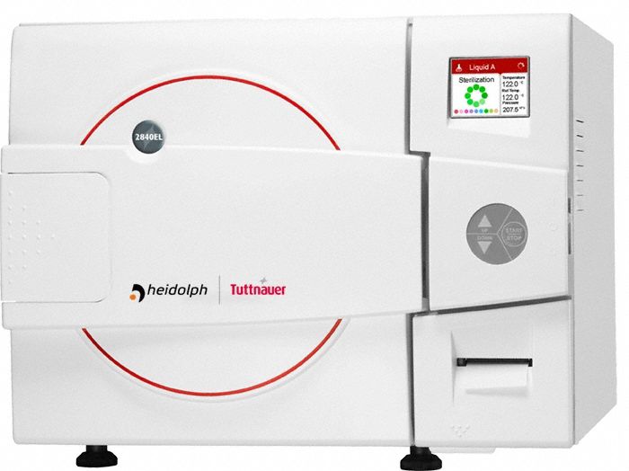HEIDOLPH Autoclave: 85 L Capacity, 140°C Max Temp, 28 1/4 in Overall Wd, 37 in Overall Dp, -1°C/3°C (MPN 023210672). Key specifications — Brand: HEIDOLPH; Features: Create up to 16 Custom Cycles; Temperature Accuracy: -1 °C/3 °C; Product Type: Autoclave; Voltage: 230V.