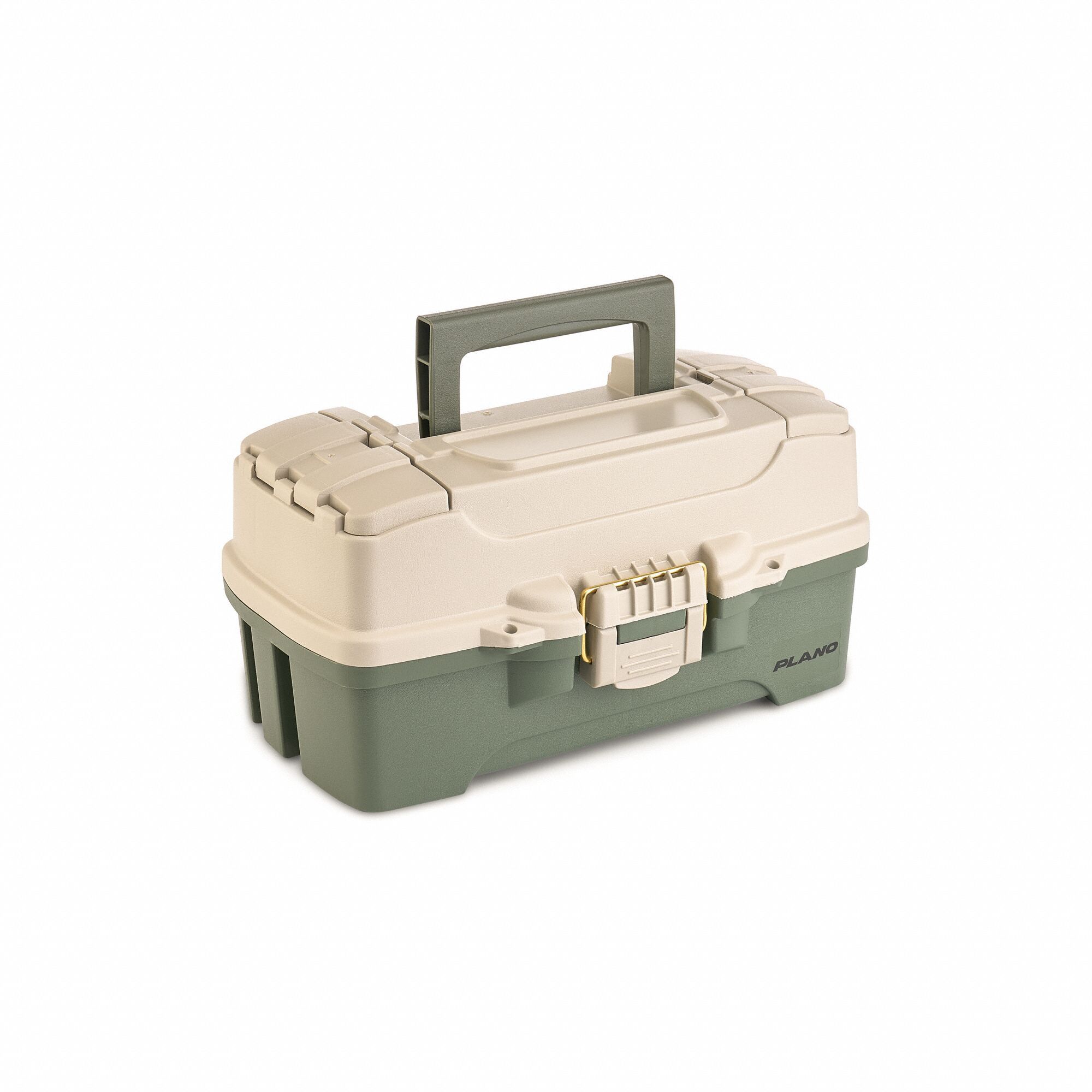 PLANO MOLDING Tool Box: 6 in W 12 1/2 in D 7 in H, Plastic, Green/Tan, Hinged Lid, 7 Compartments (MPN P000402). Key specifications — attr1116905: Green; attr1116917: Hinged; attr1116946: PLANO MOLDING; attr1116904: Latch.