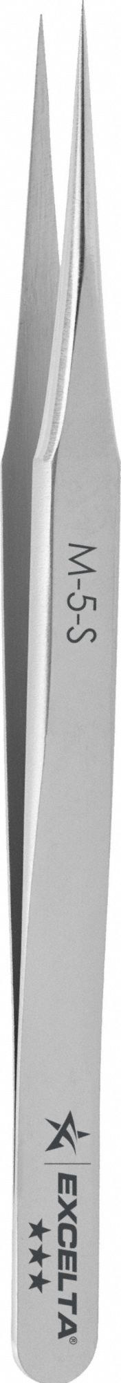 EXCELTA Tweezers: Stainless Steel, Point, Straight Tip, 0.002 in Tip Thick (MPN M-5-S). Key specifications — attr1002355: Stainless Steel; attr1002345: EXCELTA; attr1002348: Stainless Steel.