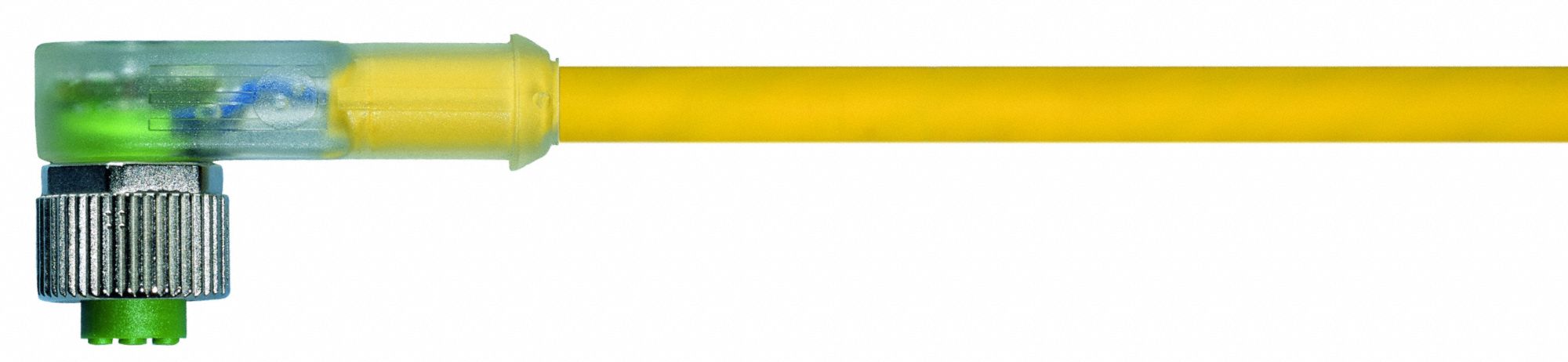 Cordset: M12 Female Right Angle X Bare Wire, 3 Pins, Yellow, PUR, 10 m Cable Lg, 4 A Max Current (A)