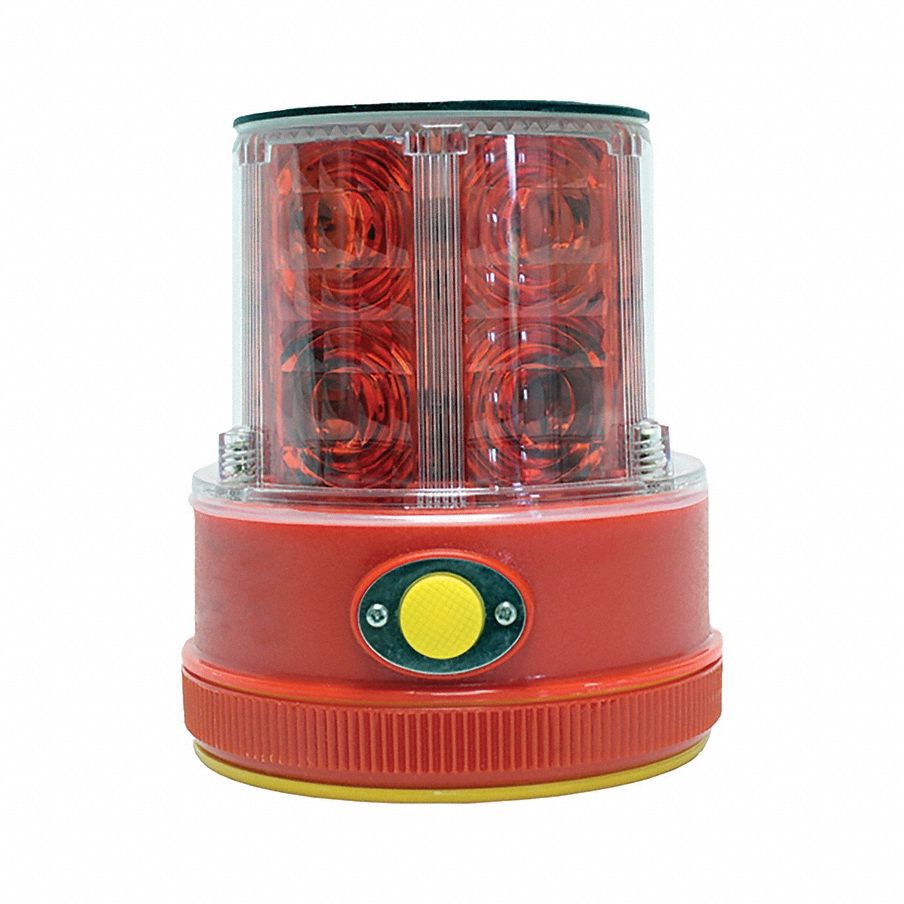 WARNING LIGHT, SOLAR, 100/120/60 FLASHES PER MINUTE, 4 IN OVERALL W, 5 IN OVERALL L, RED
