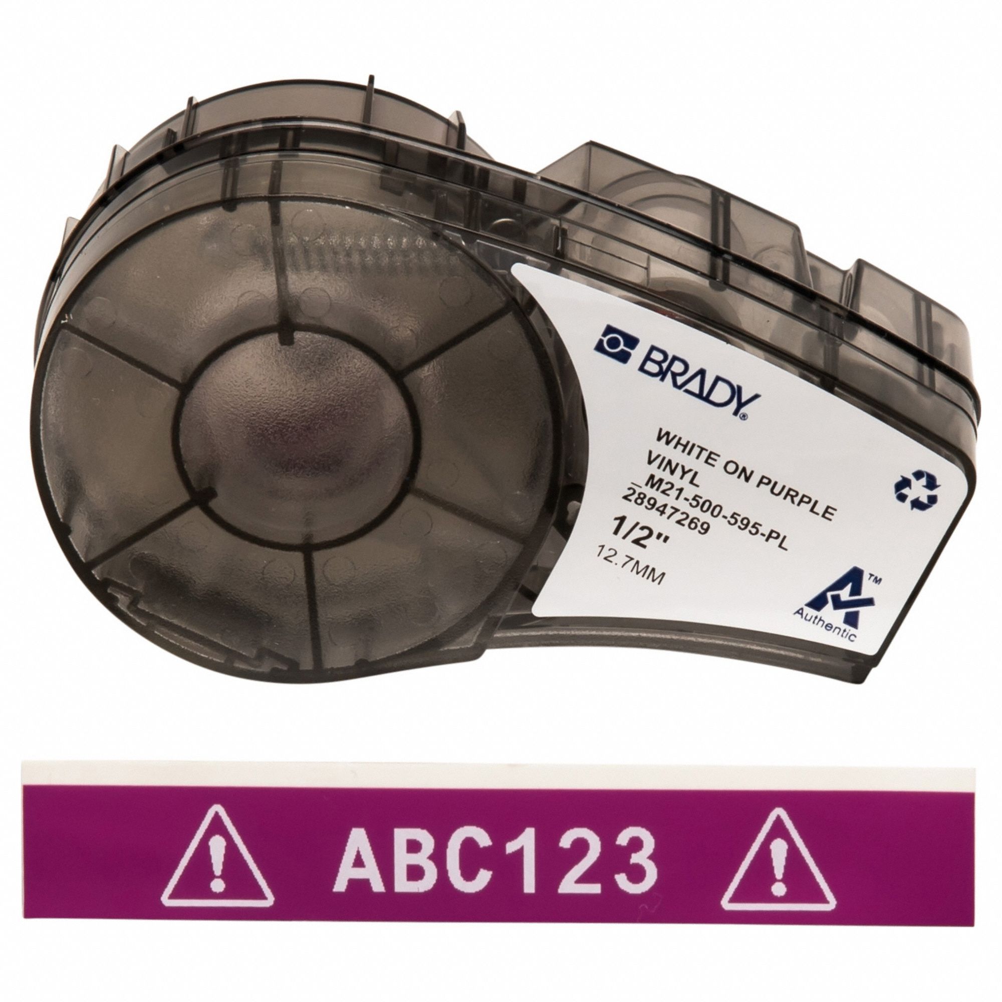 Combined Label and Ribbon Cartridge: 1/2 in x 21 ft, Vinyl, Purple (Gloss), Indoor/Outdoor
