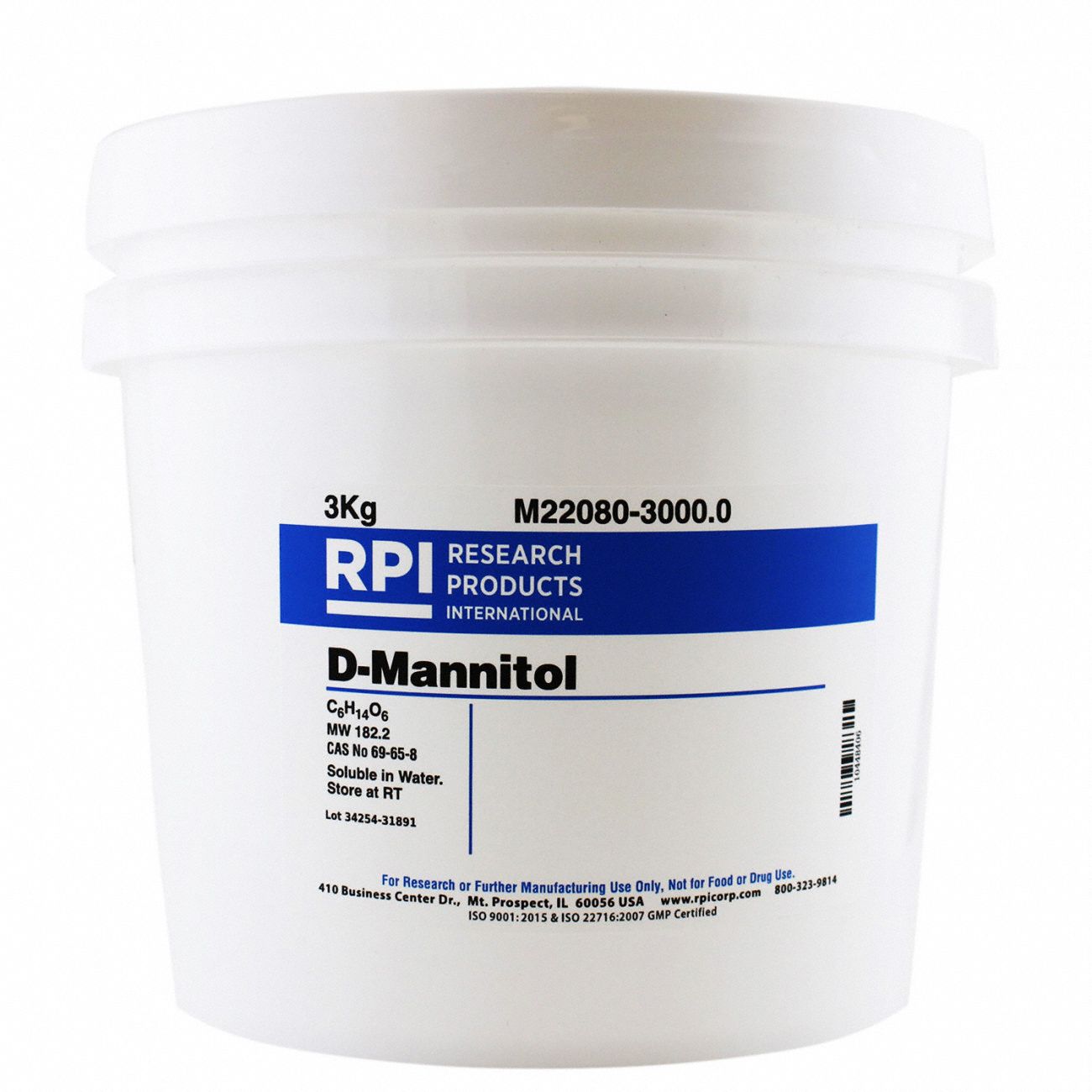 D-Mannitol: EP/USP, 3 kg, 69-65-8, Reagent, Powder, 18 mo Shelf Life, 1