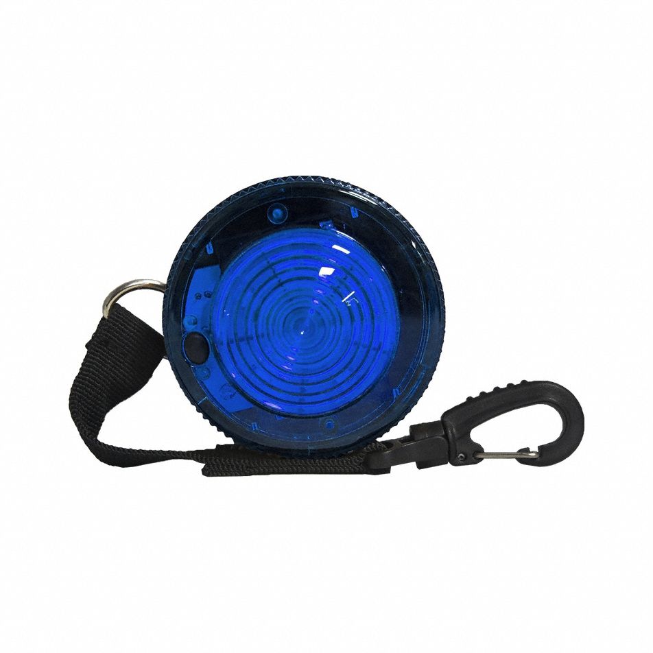 WARNING LIGHT, BATTERY, 120 FLASHES PER MINUTE, 3¾ IN OVERALL W, 2 IN OVERALL L, BLUE