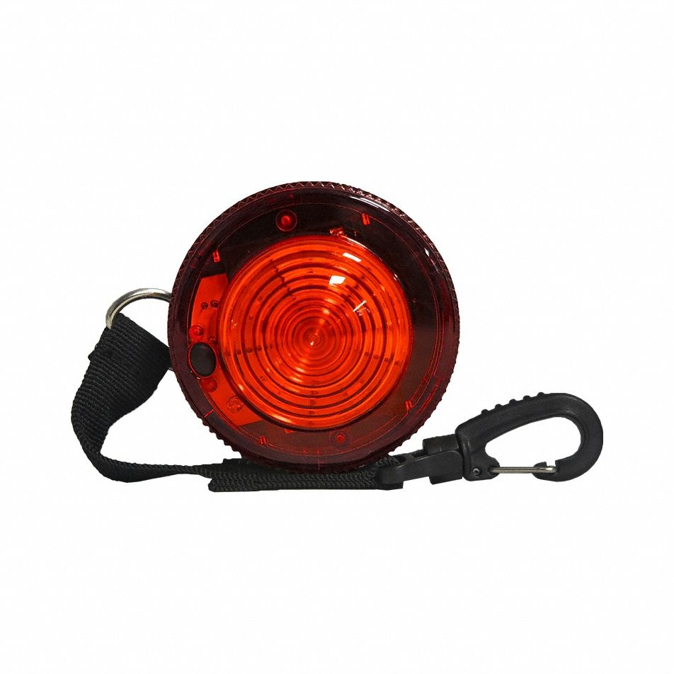 WARNING LIGHT, BATTERY, 120 FLASHES PER MINUTE, 3¾ IN OVERALL W, 3 IN OVERALL H, RED