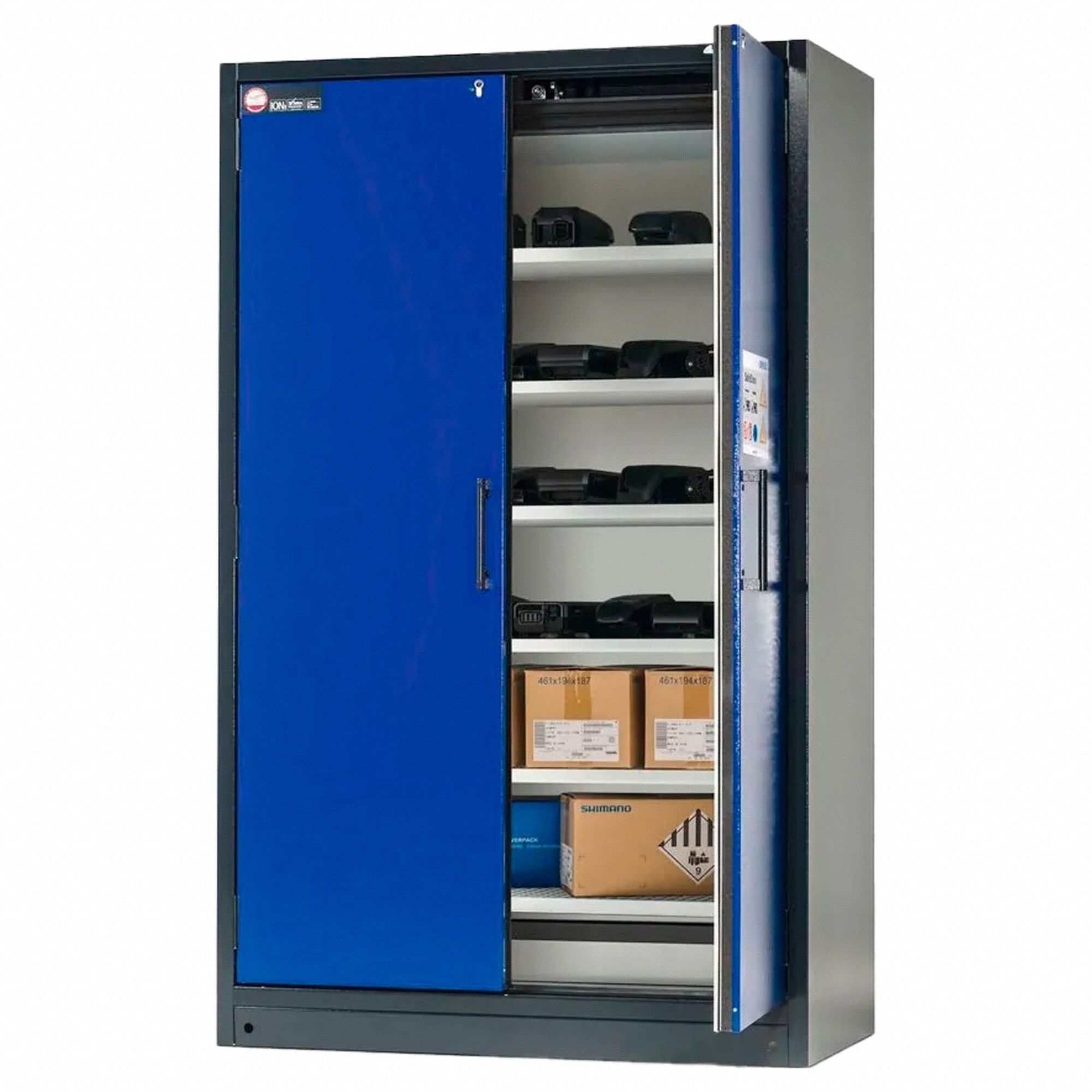 Battery Storage Cabinet: 24 3/16 in x 47 in x 77 in, Auto, 2 Doors, Lockable, 6 Shelves