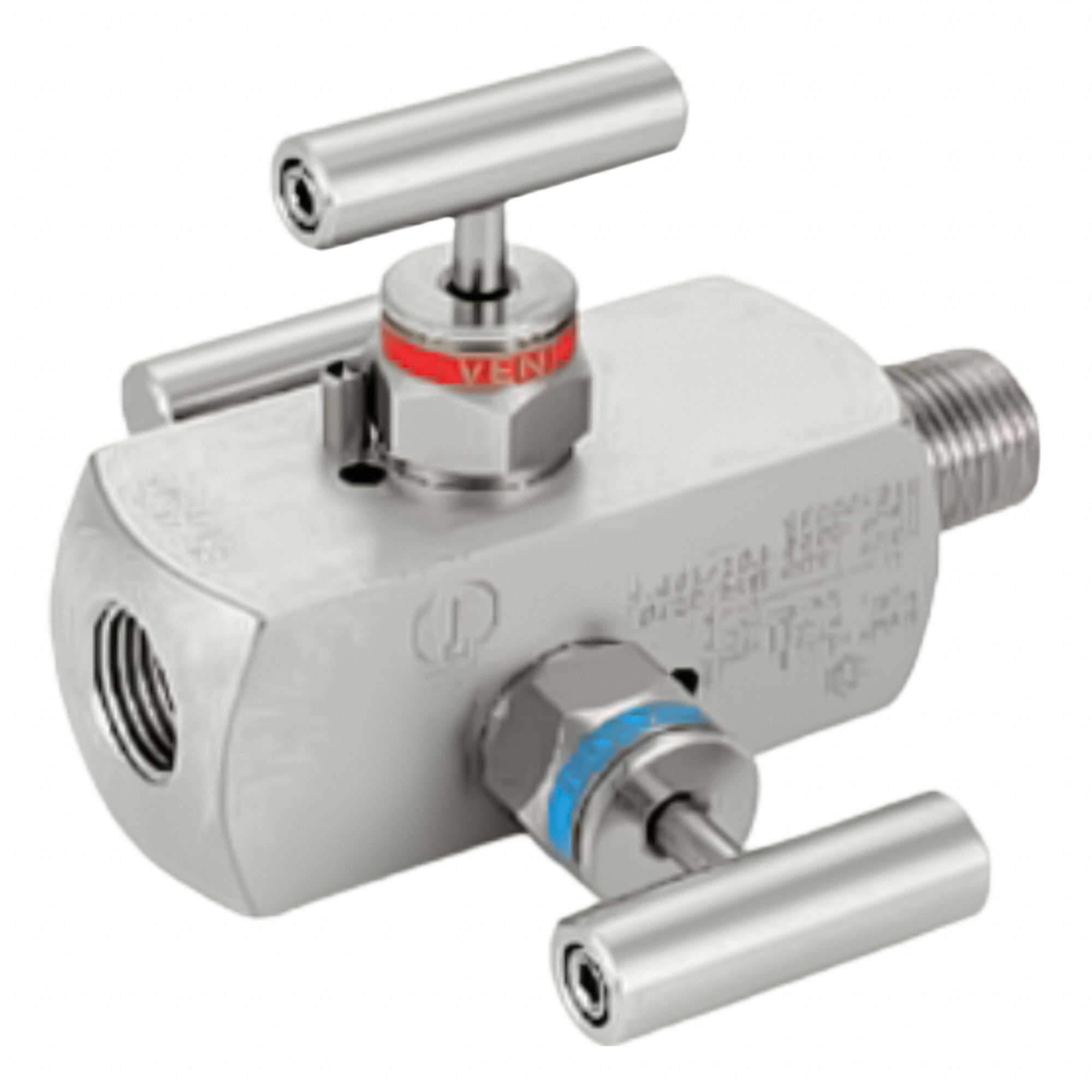 Three-Way Valve: Stainless Steel, 1/2" MNPT, 1/2" FNPT, 6, 000 psi Pressure, PTFE, 1/4" FNPT