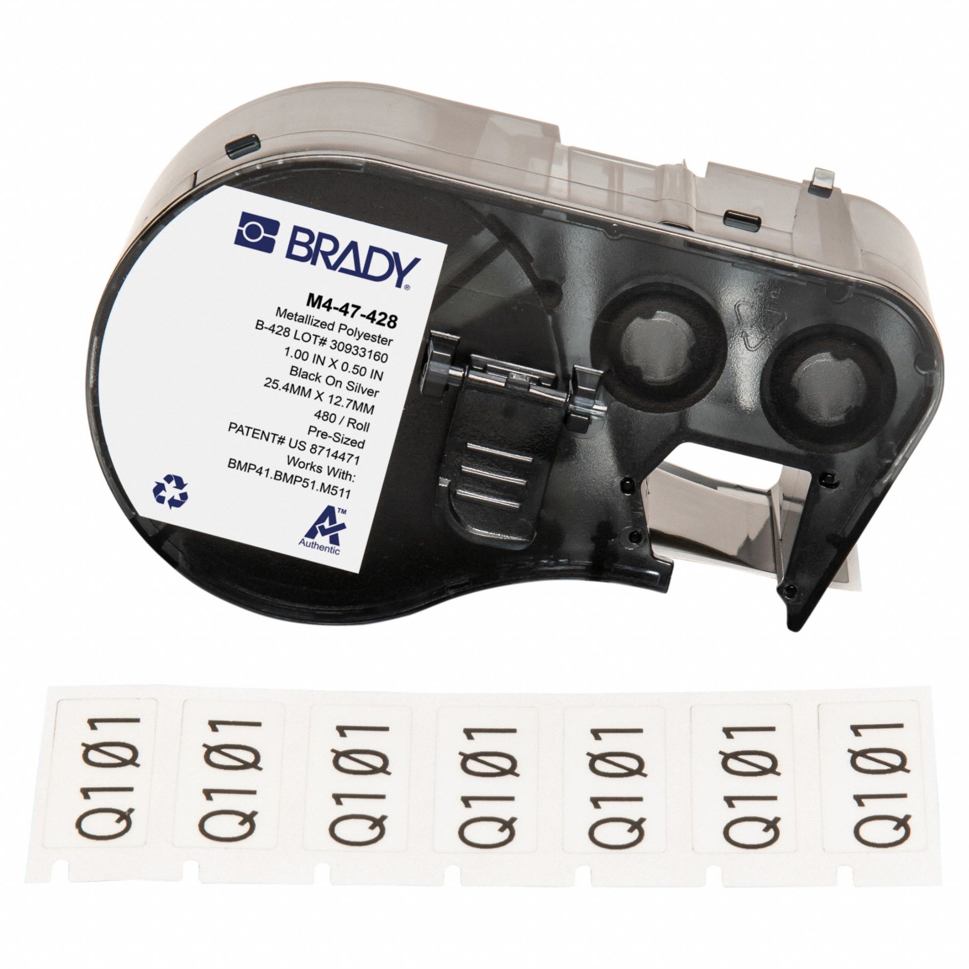 Combined Label and Ribbon Cartridge: 1/2 in x 1 in, 1 in, Metalized Polyester, Black on Gray