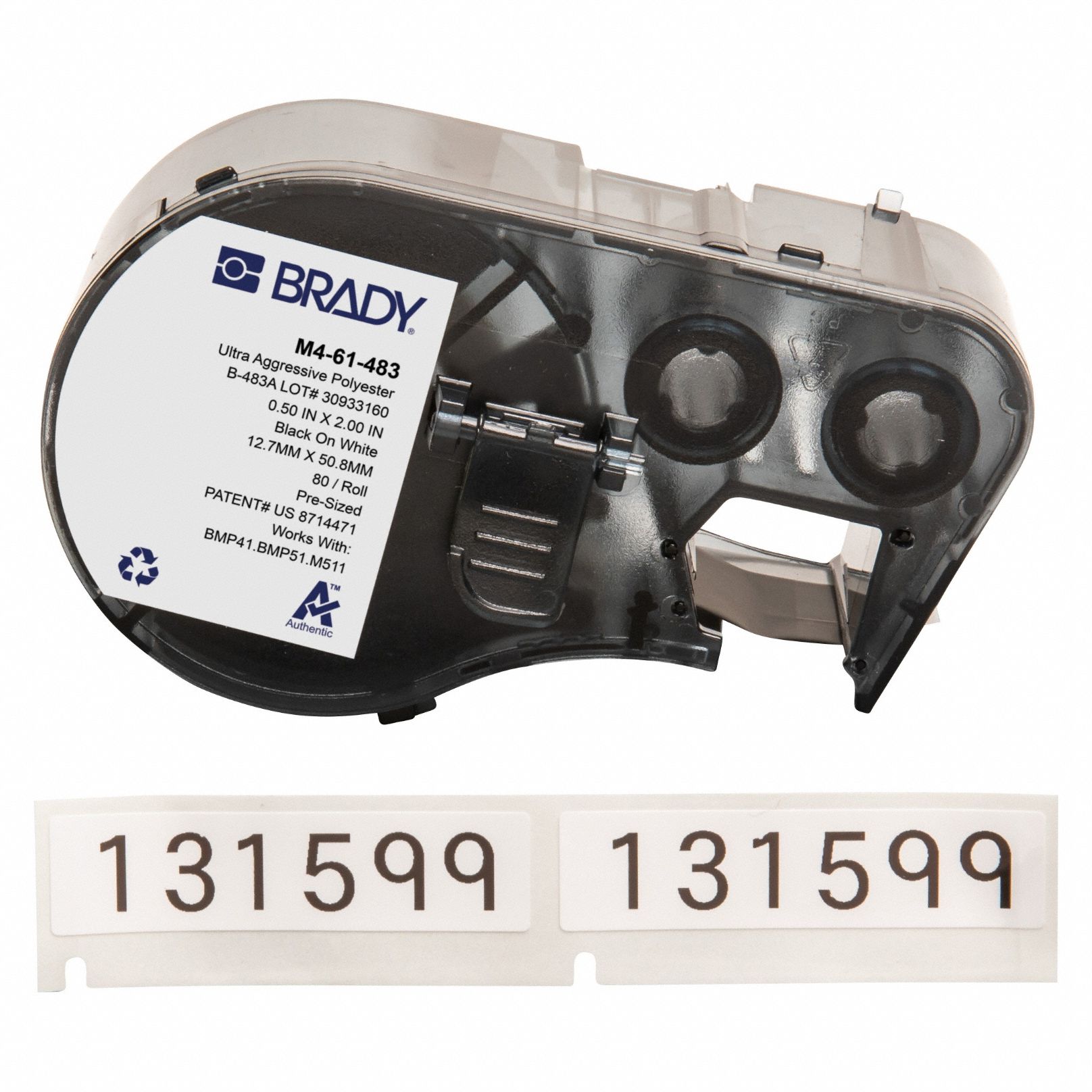 Combined Label and Ribbon Cartridge: 2 in x 1/2 in, 1/2 in, Polyester, Black on White