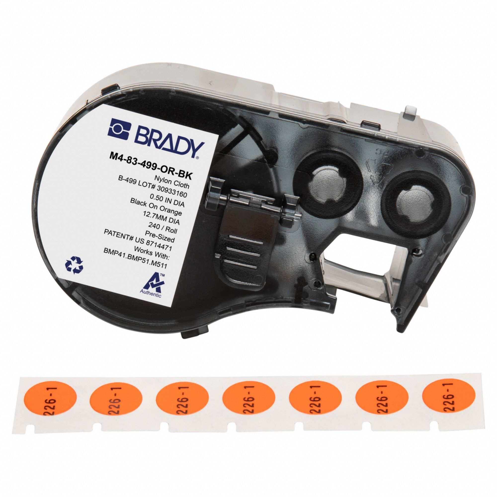 Combined Label and Ribbon Cartridge: Circle, 1/2 in, Cryogenic Autoclavable Nylon, Black on Orange