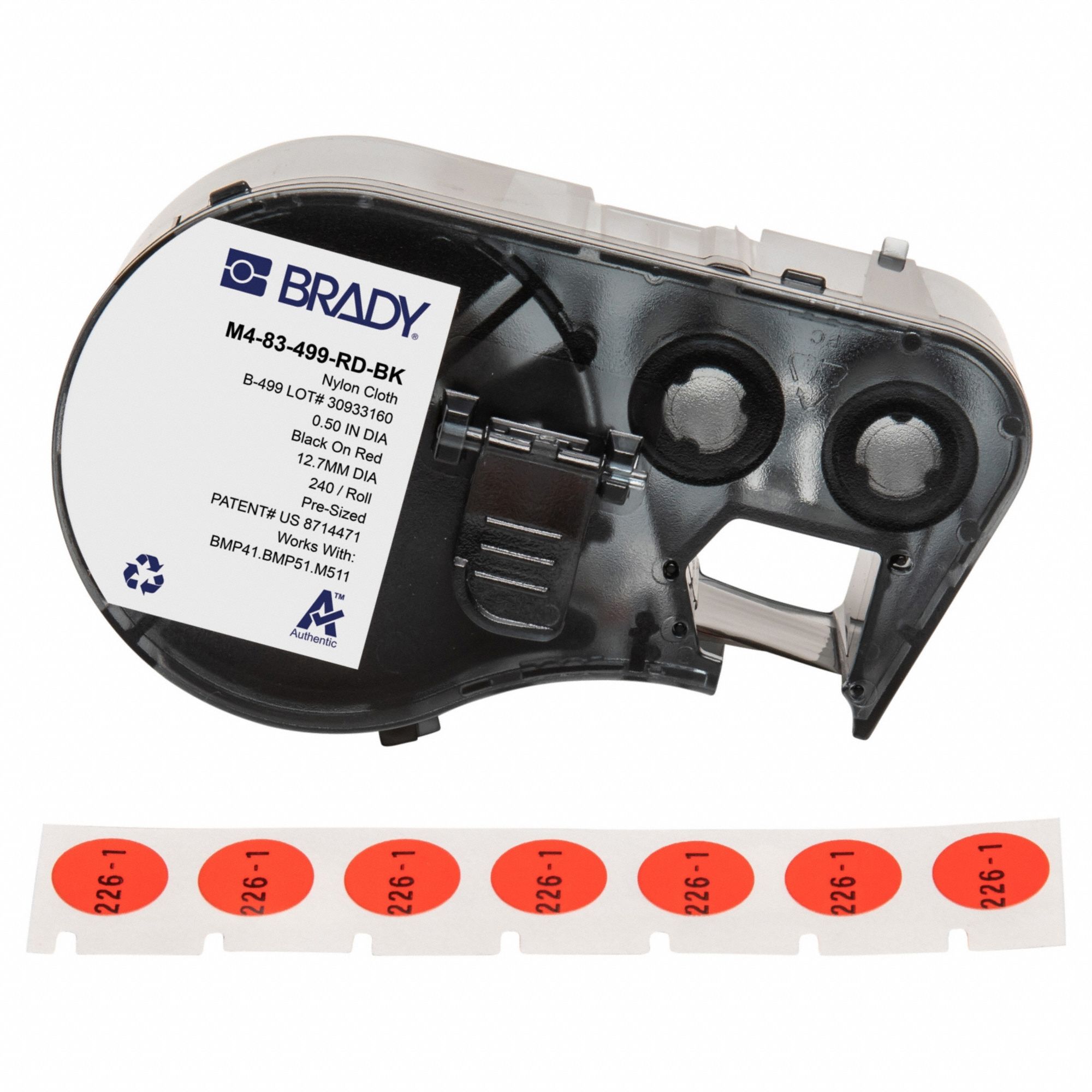 Combined Label and Ribbon Cartridge: Circle, 1/2 in, Cryogenic Autoclavable Nylon, Black on Red