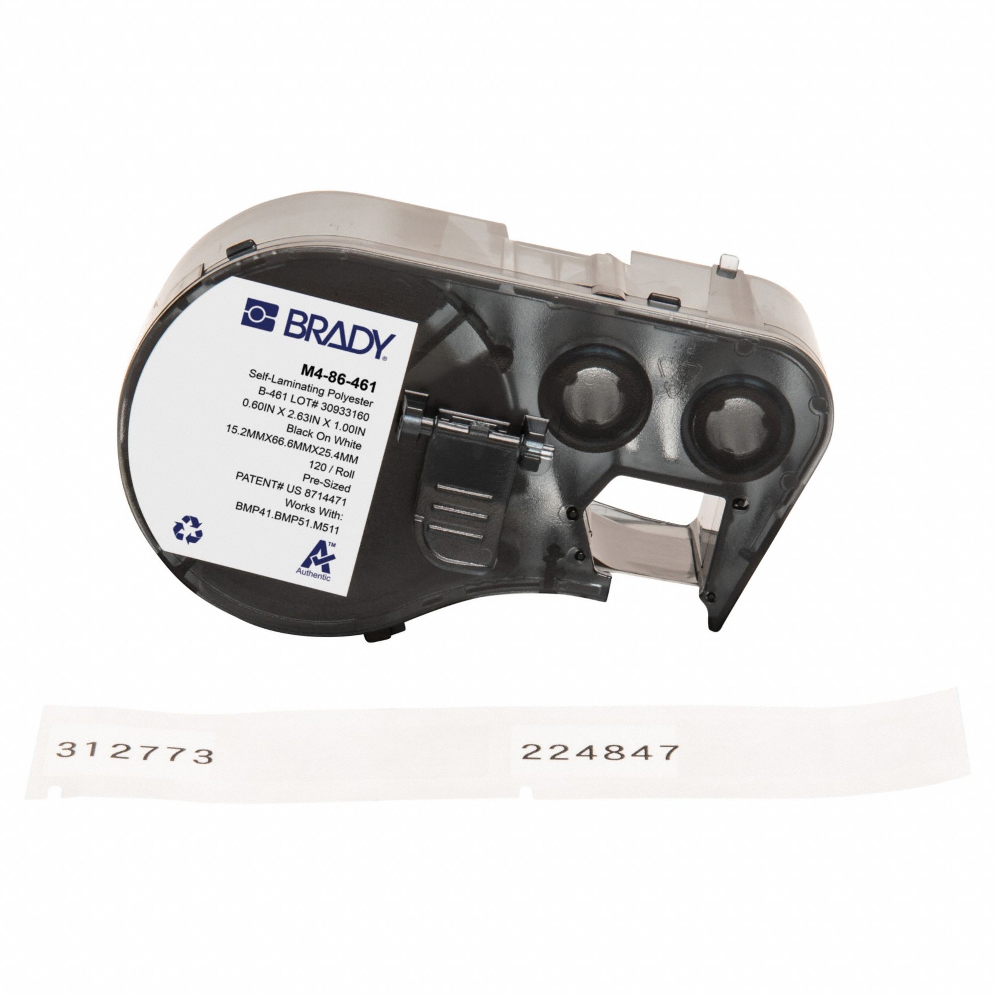 Combined Label and Ribbon Cartridge: Rectangle, 19/32 in x 2 5/8 in, Black on White, -321°F to 230°F