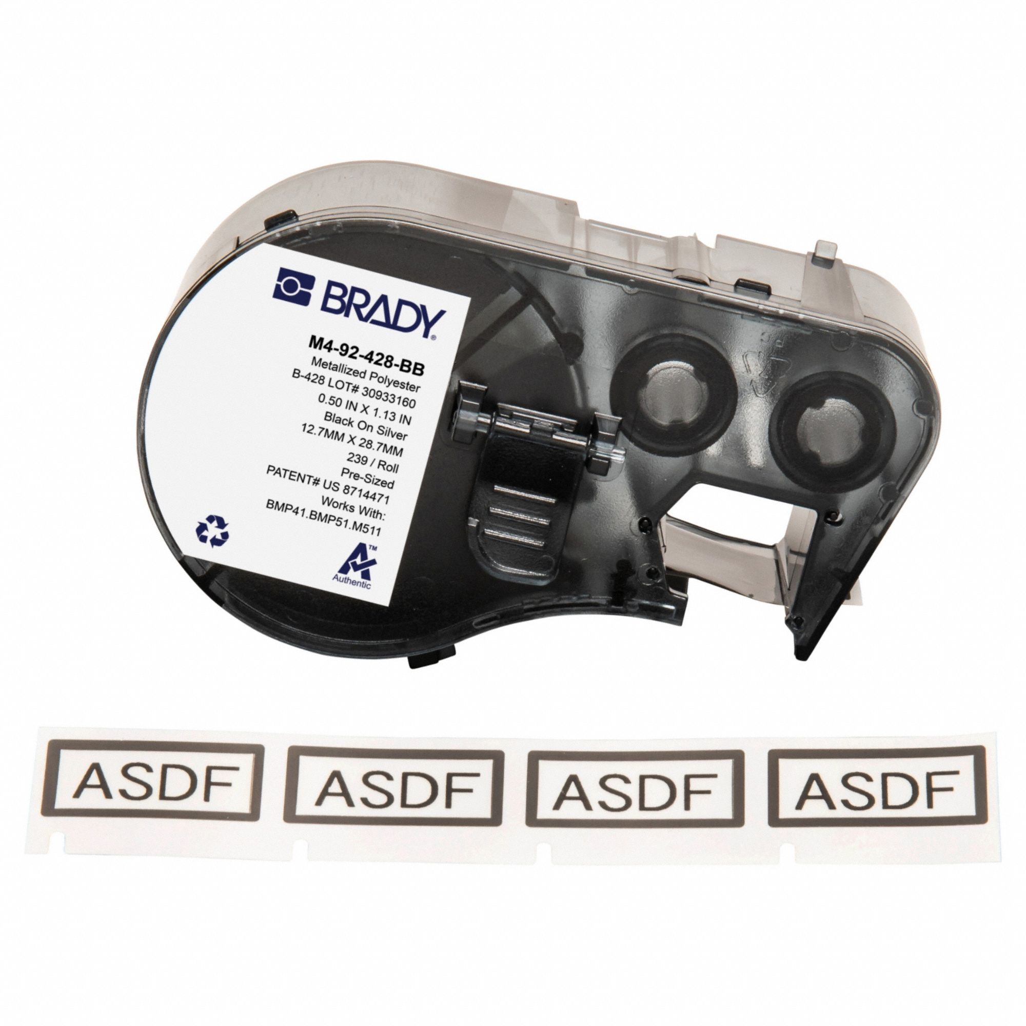 Combined Label and Ribbon Cartridge: 1 1/8 in x 1/2 in, 1/2 in, Metalized Polyester, Black on Gray