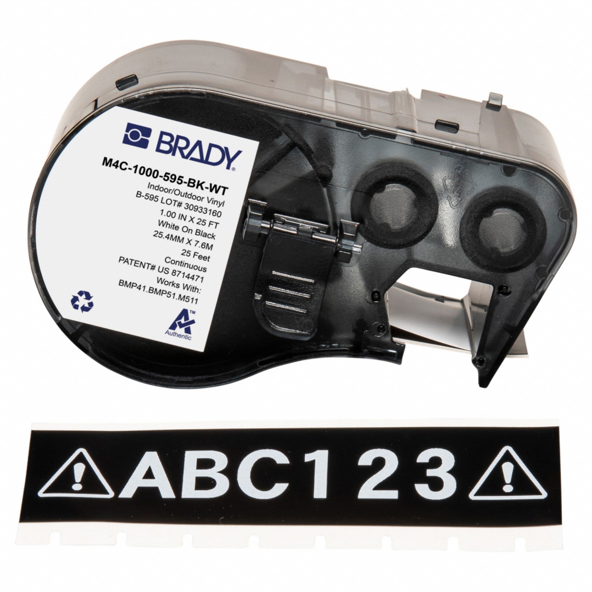 Combined Label and Ribbon Cartridge: 1 in x 25 ft, Vinyl, Black (Gloss), Indoor/Outdoor