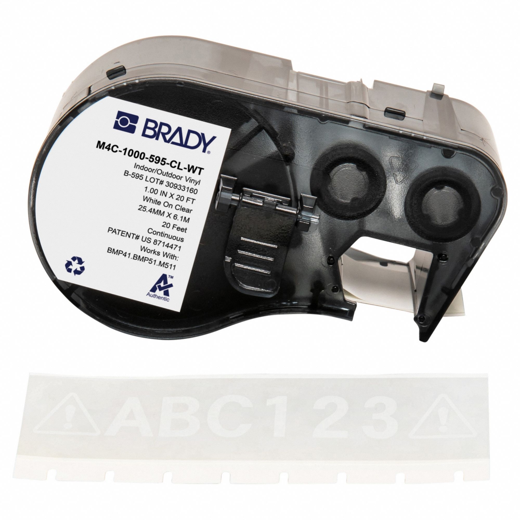 Combined Label and Ribbon Cartridge: 1 in x 20 ft, Vinyl, Clear (Gloss), Indoor/Outdoor