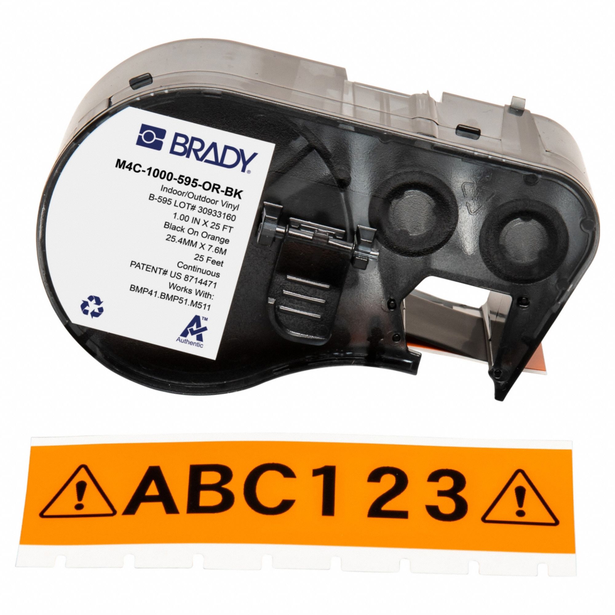Combined Label and Ribbon Cartridge: 1 in, 1 in x 25 ft, Autoclavable Vinyl, Black on Orange