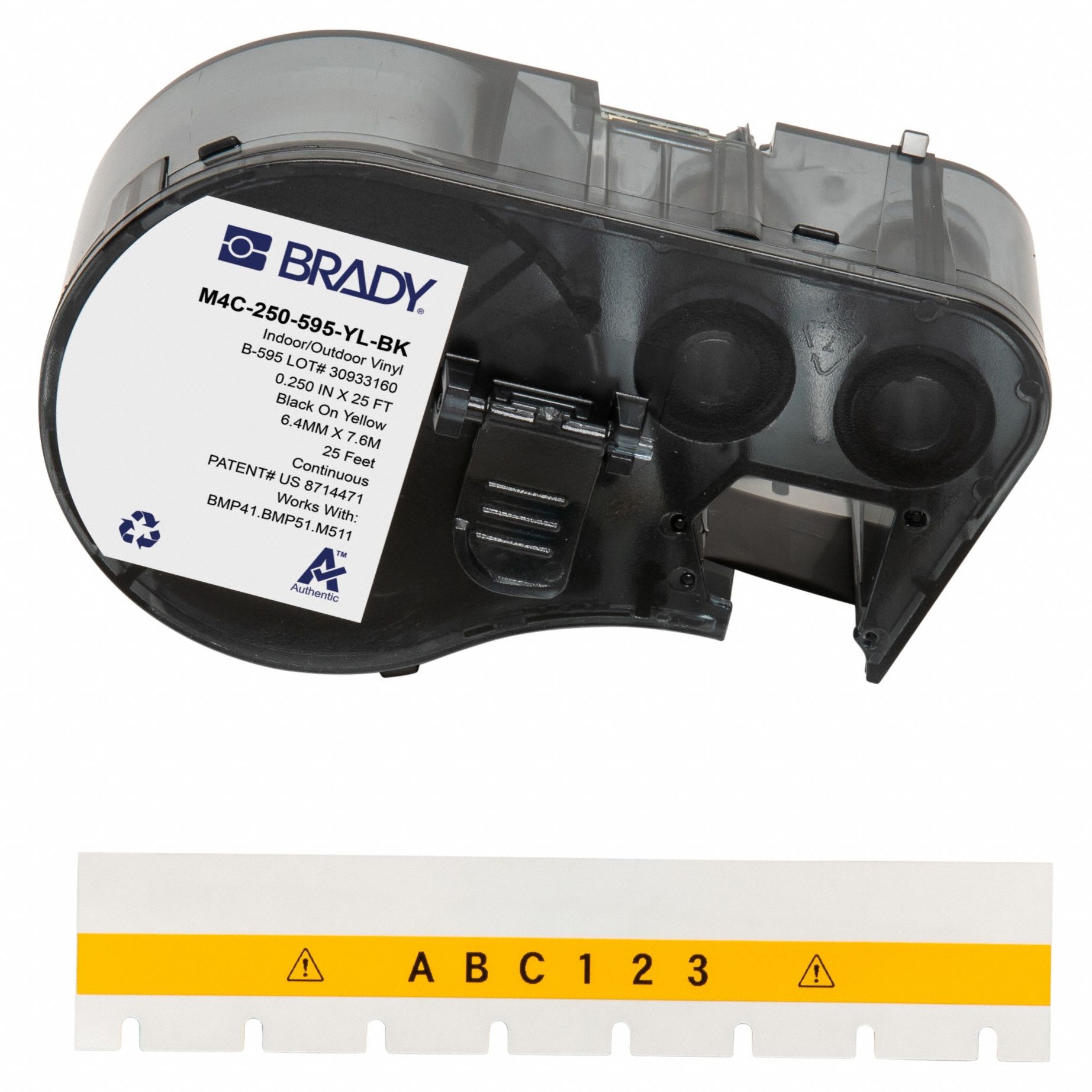 Combined Label and Ribbon Cartridge: 1/4 in x 25 ft, Vinyl, Yellow (Gloss), Indoor/Outdoor