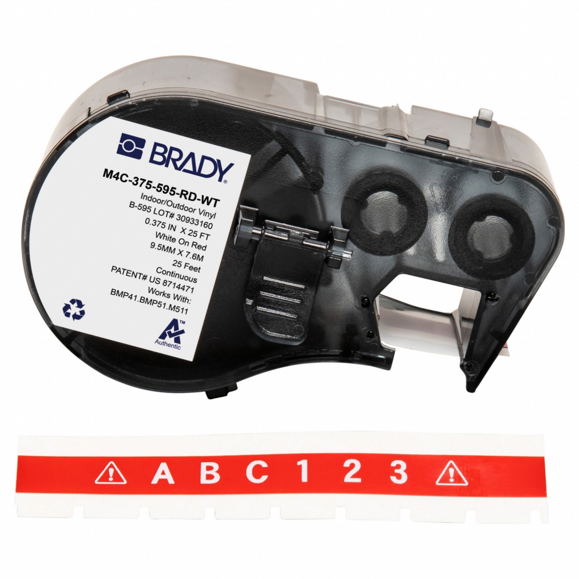 Combined Label and Ribbon Cartridge: 3/8 in x 25 ft, Vinyl, Red (Gloss), Indoor/Outdoor