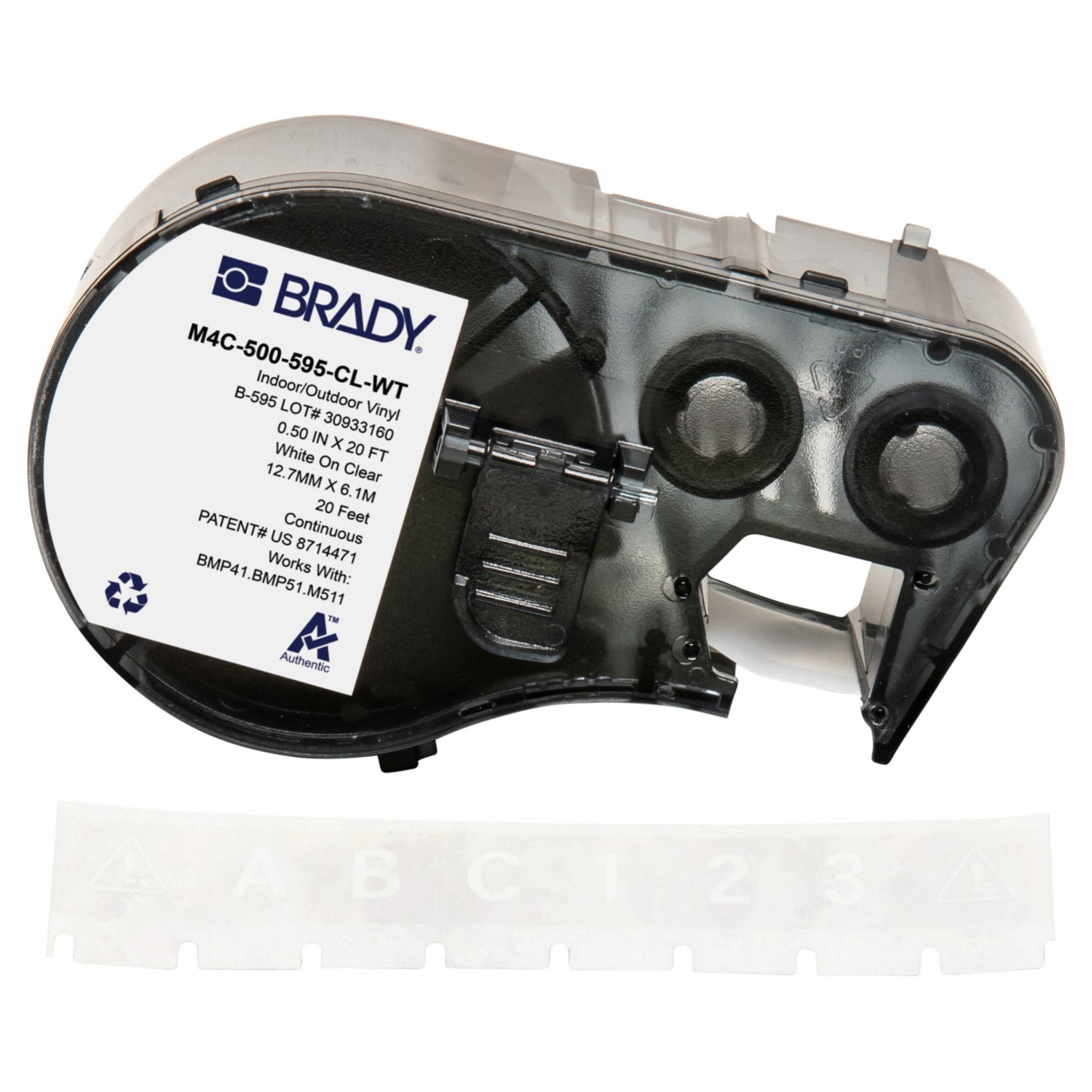 Combined Label and Ribbon Cartridge: 1/2 in x 20 ft, Vinyl, Clear (Gloss), Indoor/Outdoor