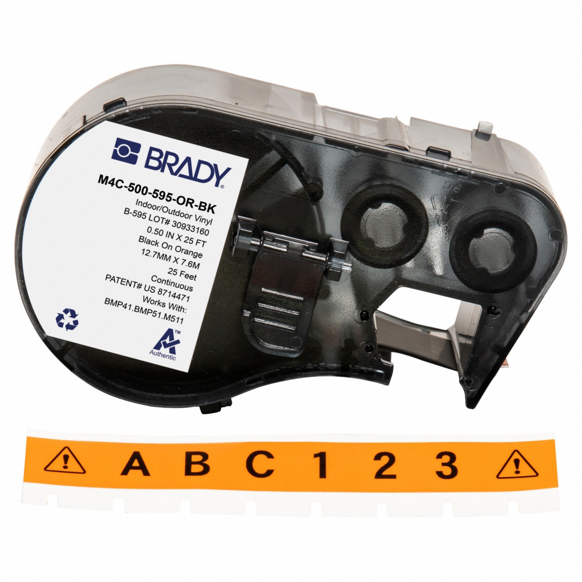 Combined Label and Ribbon Cartridge: 1/2 in, 1/2 in x 25 ft, Autoclavable Vinyl, Black on Orange