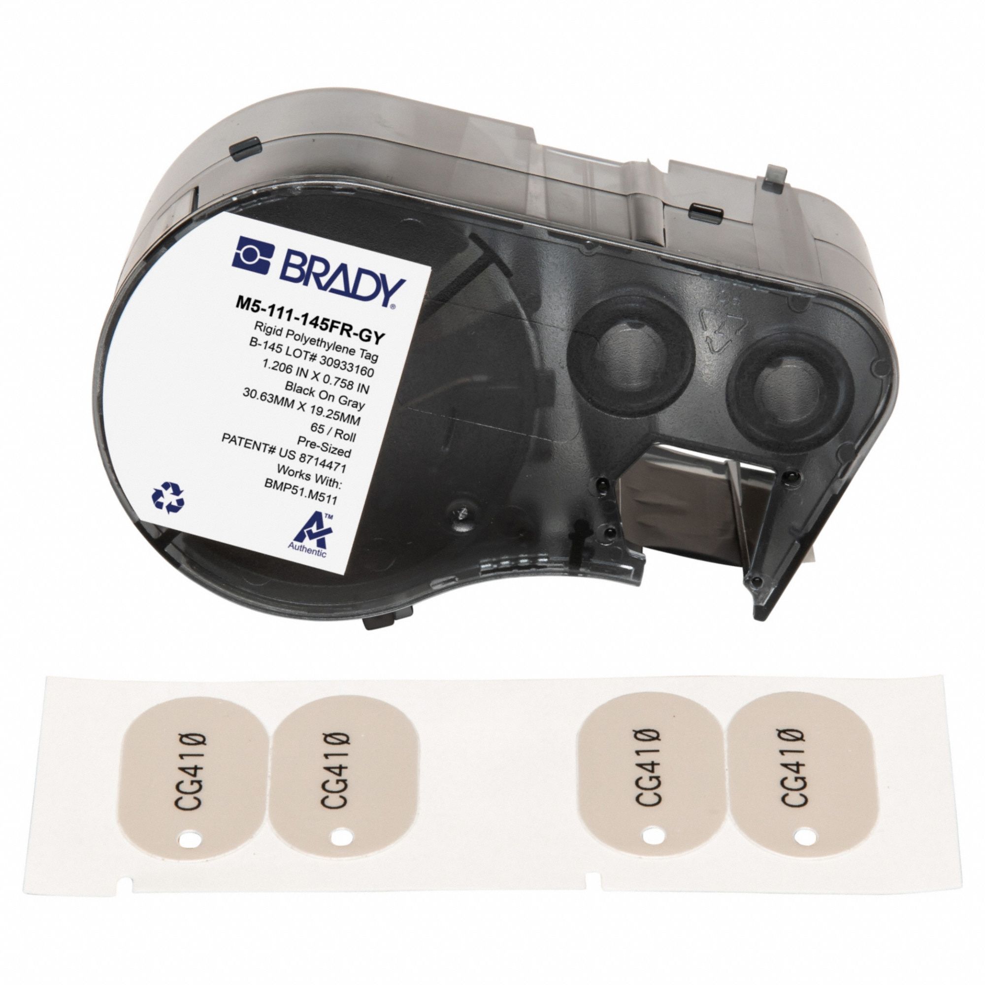 Tag Label: 3/4 in x 1 7/32 in, Polyethylene, Black on Gray, 65 Tags