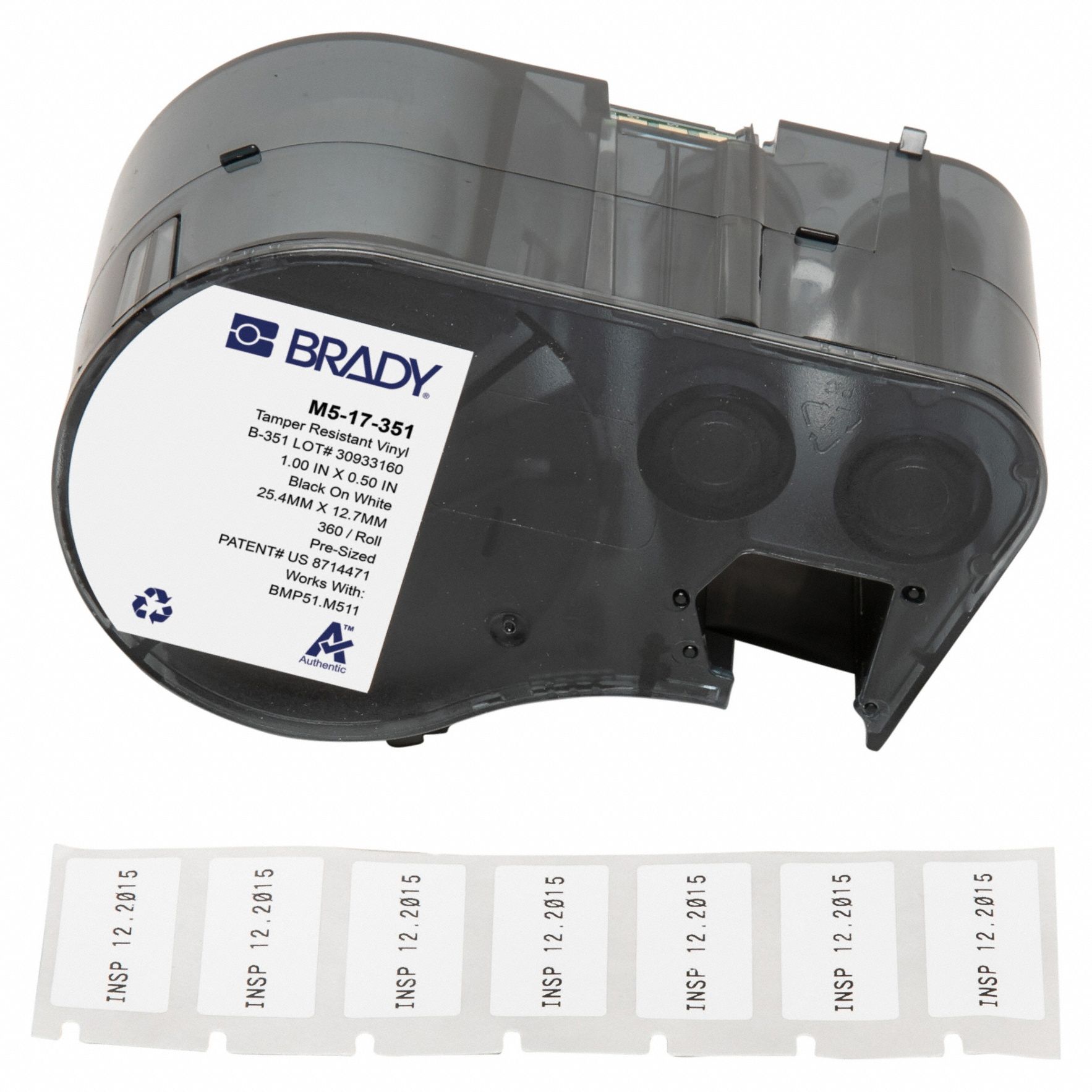 Combined Label and Ribbon Cartridge: 1/2 in x 1 in, Vinyl with Permanent Acrylic Adhesive