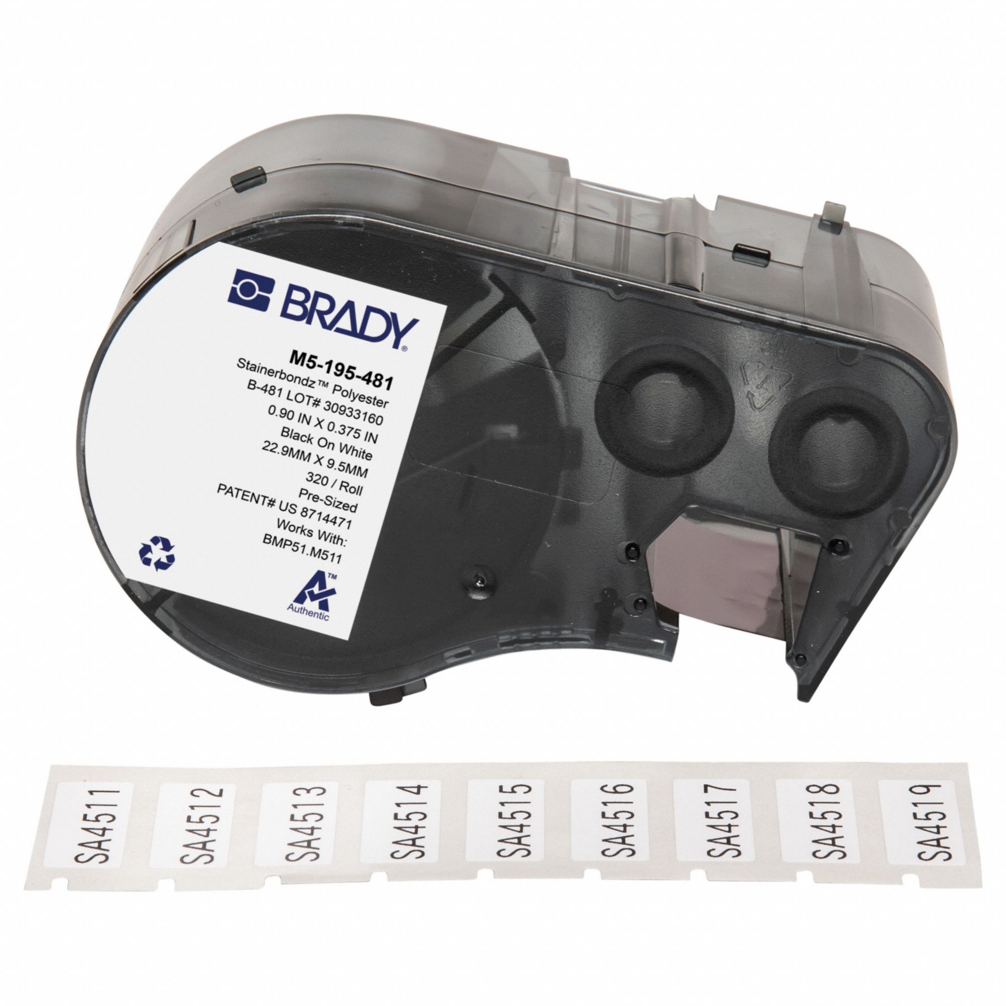 Combined Label and Ribbon Cartridge: 3/8 in x 1 in, Autoclavable Polyester, Black  on White