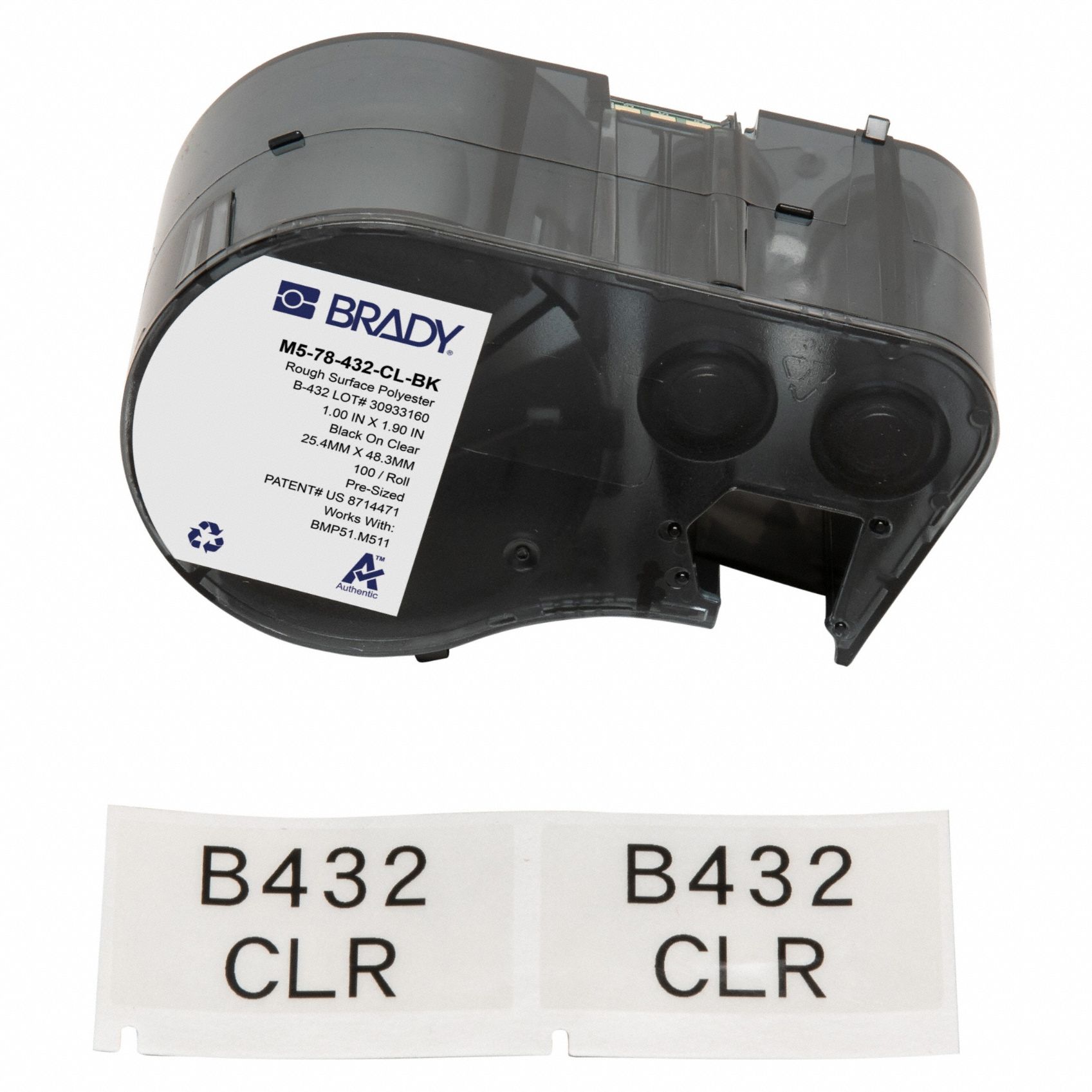 Combined Label and Ribbon Cartridge: Rectangle, 1 29/32 in x 1 in, Polyester, Black on Clear