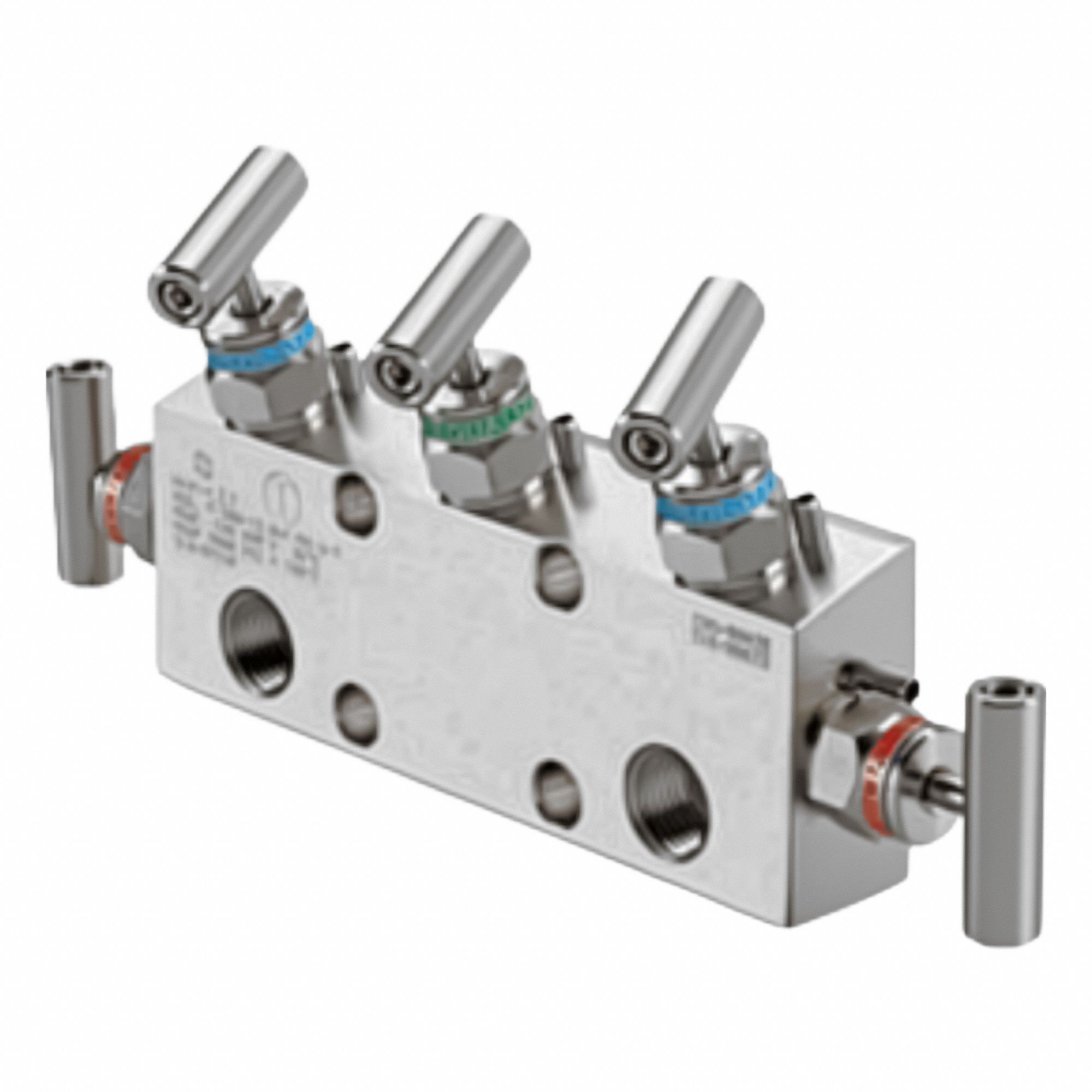 Five-Way Valve: Stainless Steel, 1/2" FNPT, Flange, 6, 000 psi Pressure, PTFE, 1/4" FNPT