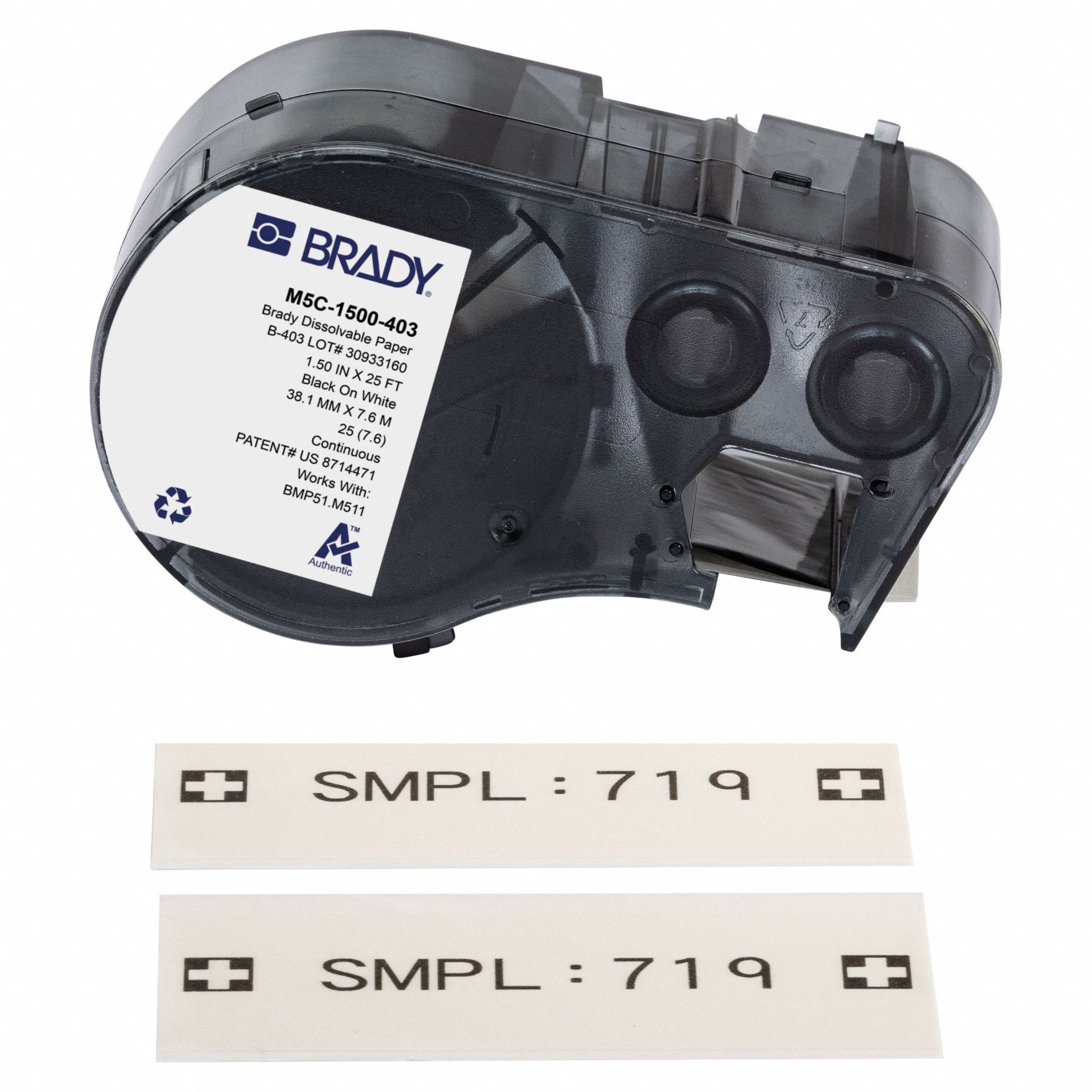 Combined Label and Ribbon Cartridge: 1 1/2 in x 25 ft, Paper, Water Dissolvable, Removable Adhesive