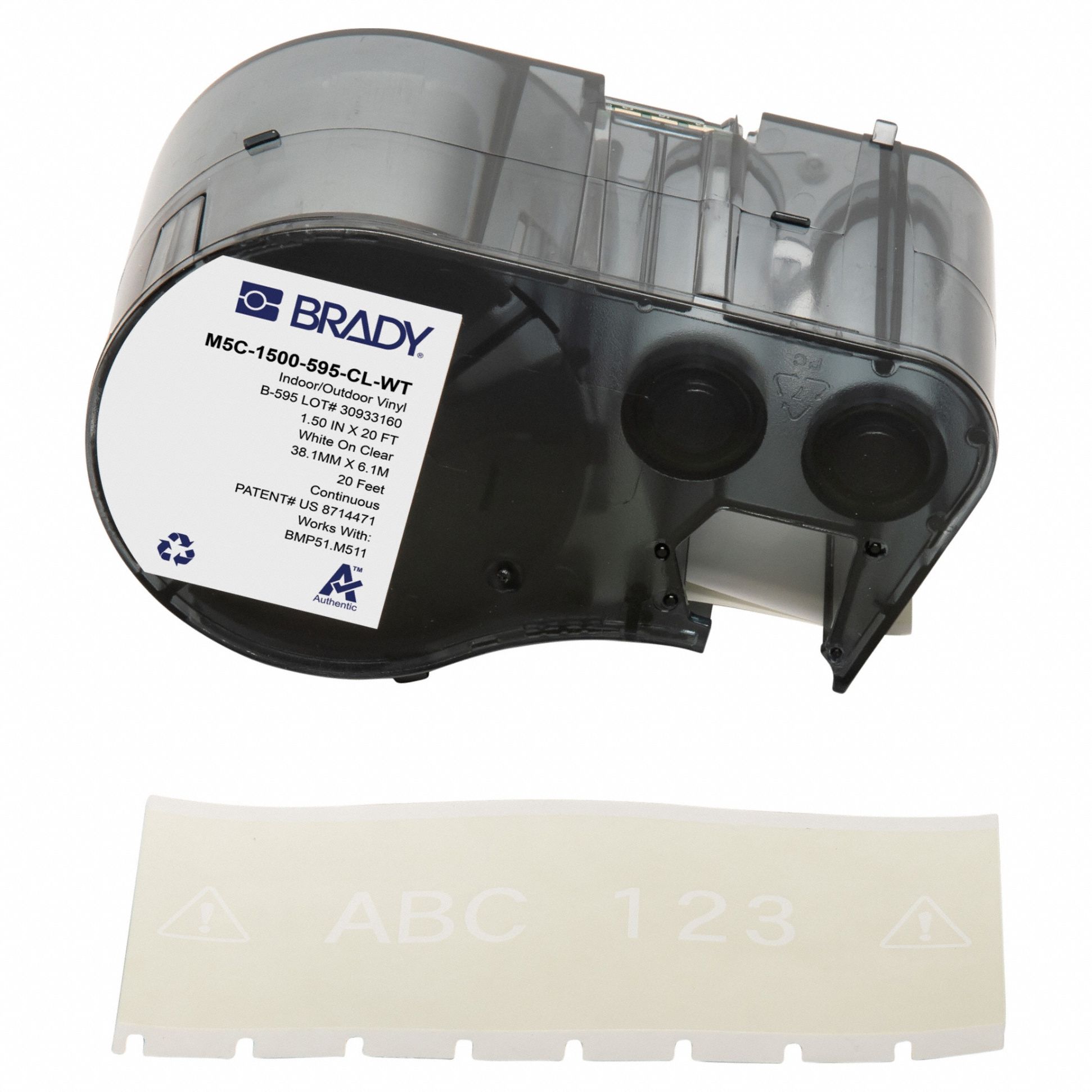 Combined Label and Ribbon Cartridge: 1 1/2 in x 20 ft, Vinyl, Clear (Gloss), Indoor/Outdoor