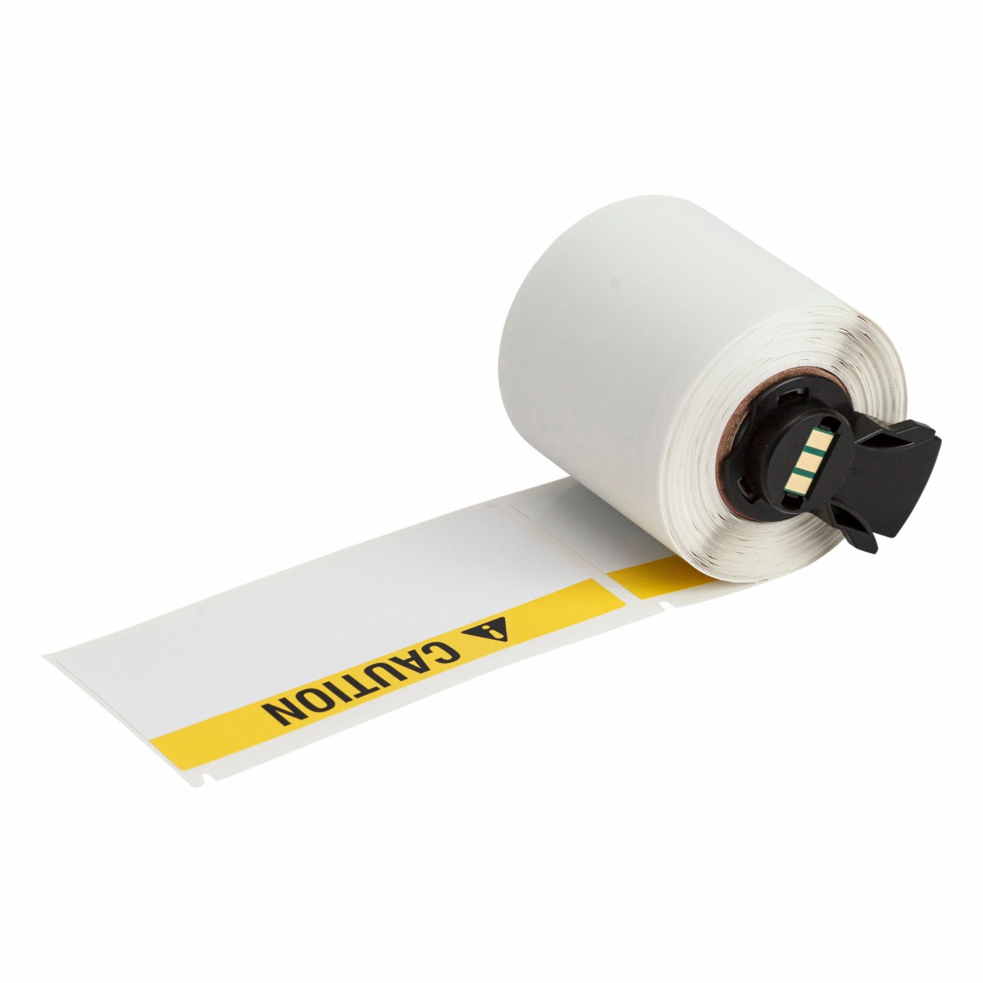 Pre-Cut Label Stock Roll: Caution, 1 29/32 in x 4 in, 4 in x 1 29/32 in, Vinyl, Black/White/Yellow
