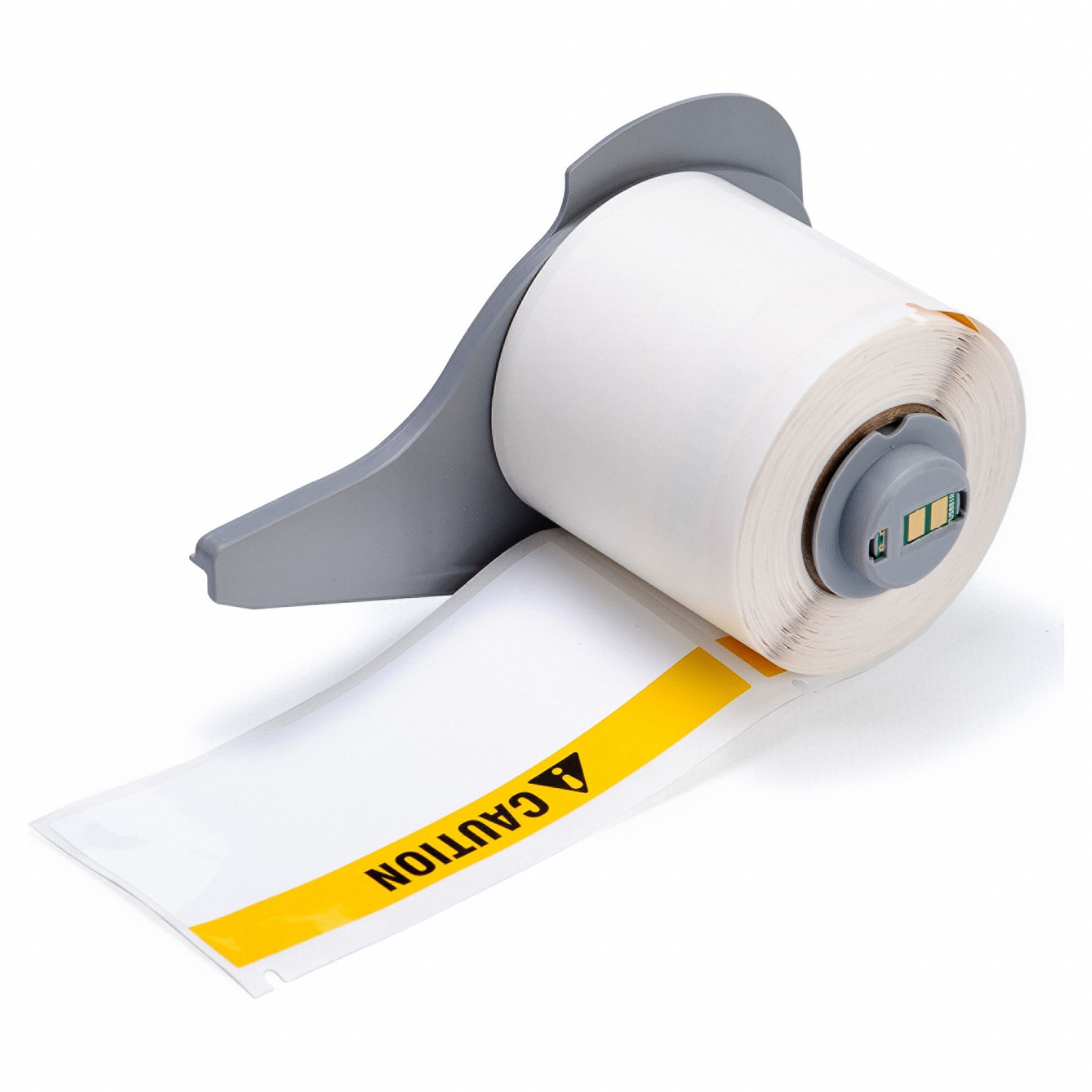 Pre-Cut Label Stock Roll: Caution, Orange Header, 1 29/32 in x 4 in, 4 in x 1 29/32 in, Polyester