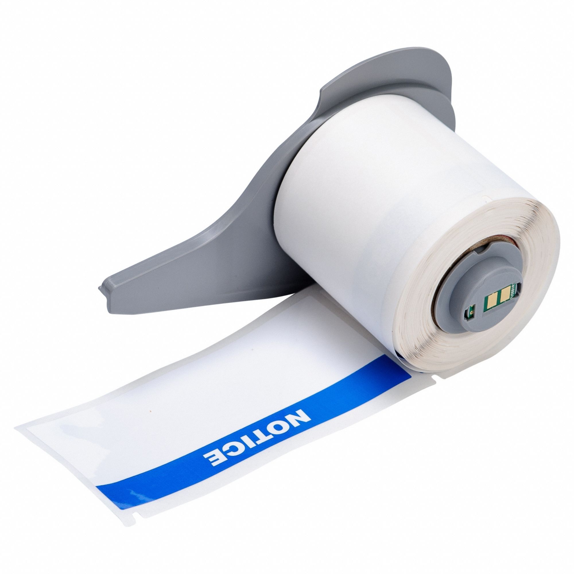 Pre-Cut Label Stock Roll: Notice, Blue Header, 1 29/32 in x 4 in, 4 in x 1 29/32 in, Polyester