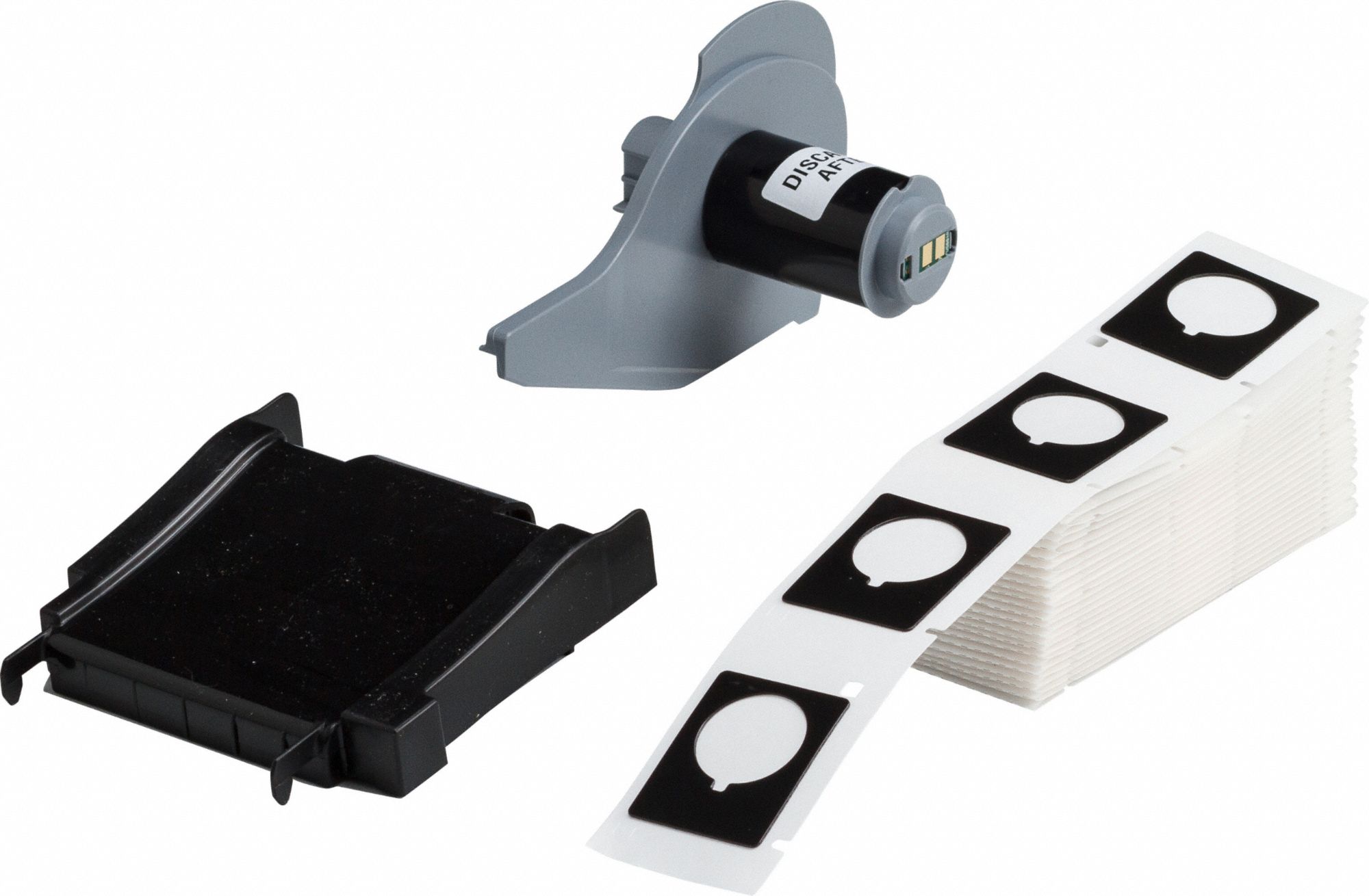 Pre-Cut Label Stock Roll: 1 1/2 in x 1 13/64 in, Polyester, Black (Gloss), 100 Labels per Roll