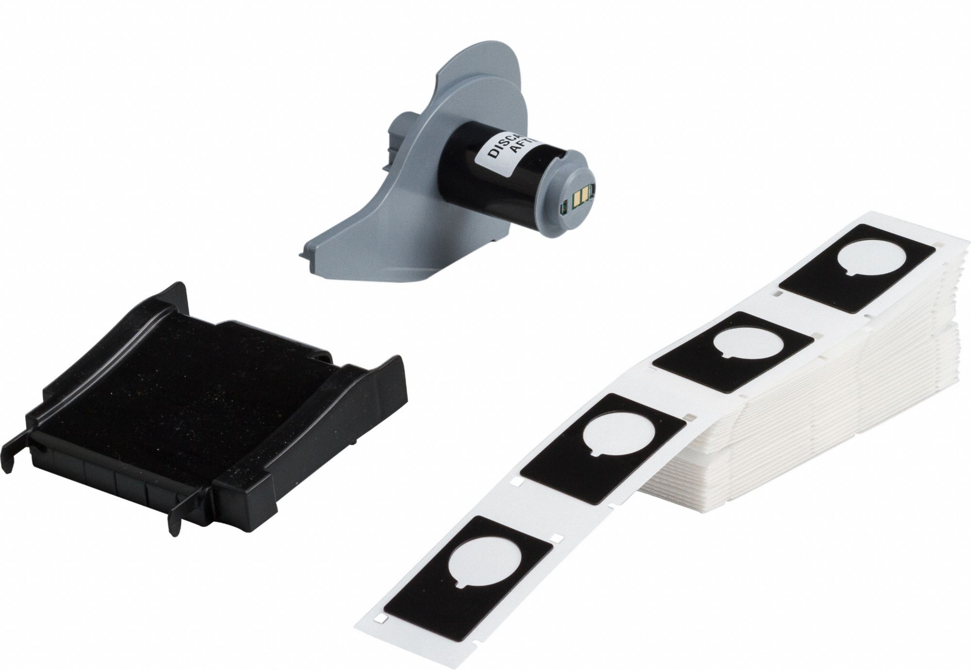 Pre-Cut Label Stock Roll: 1 29/32 in x 1 13/64 in, Polyester, Black (Gloss), 100 Labels per Roll