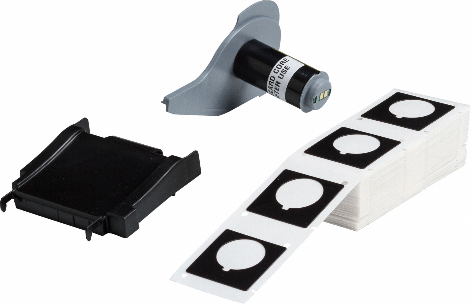 Pre-Cut Label Stock Roll: 1 51/64 in x 1 51/64 in, Polyester, Black (Gloss), 100 Labels per Roll