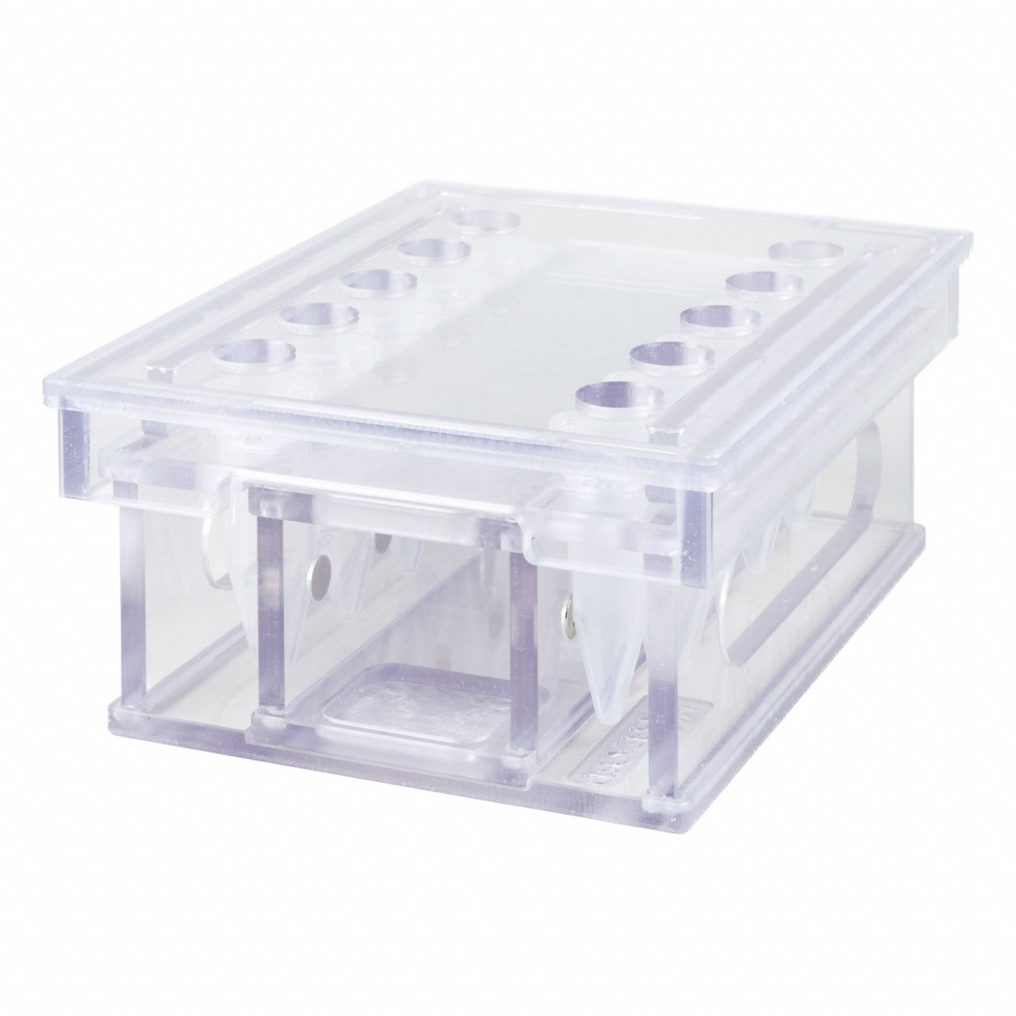Mag Bead Separation Rack: 8 1/2 in Overall Wd, 3 3/8 in Overall Ht, 6 3/4 in Overall Lg, PETG, Clear (MPN MAGBEAD1510). Key specifications — Material: PETG; Mounting Location: Benchtop; Color: Clear; Product Type: Magnetic Bead Separation Racks; Total Holding Capacity: (10) Tubes; Brand: POLTEX.