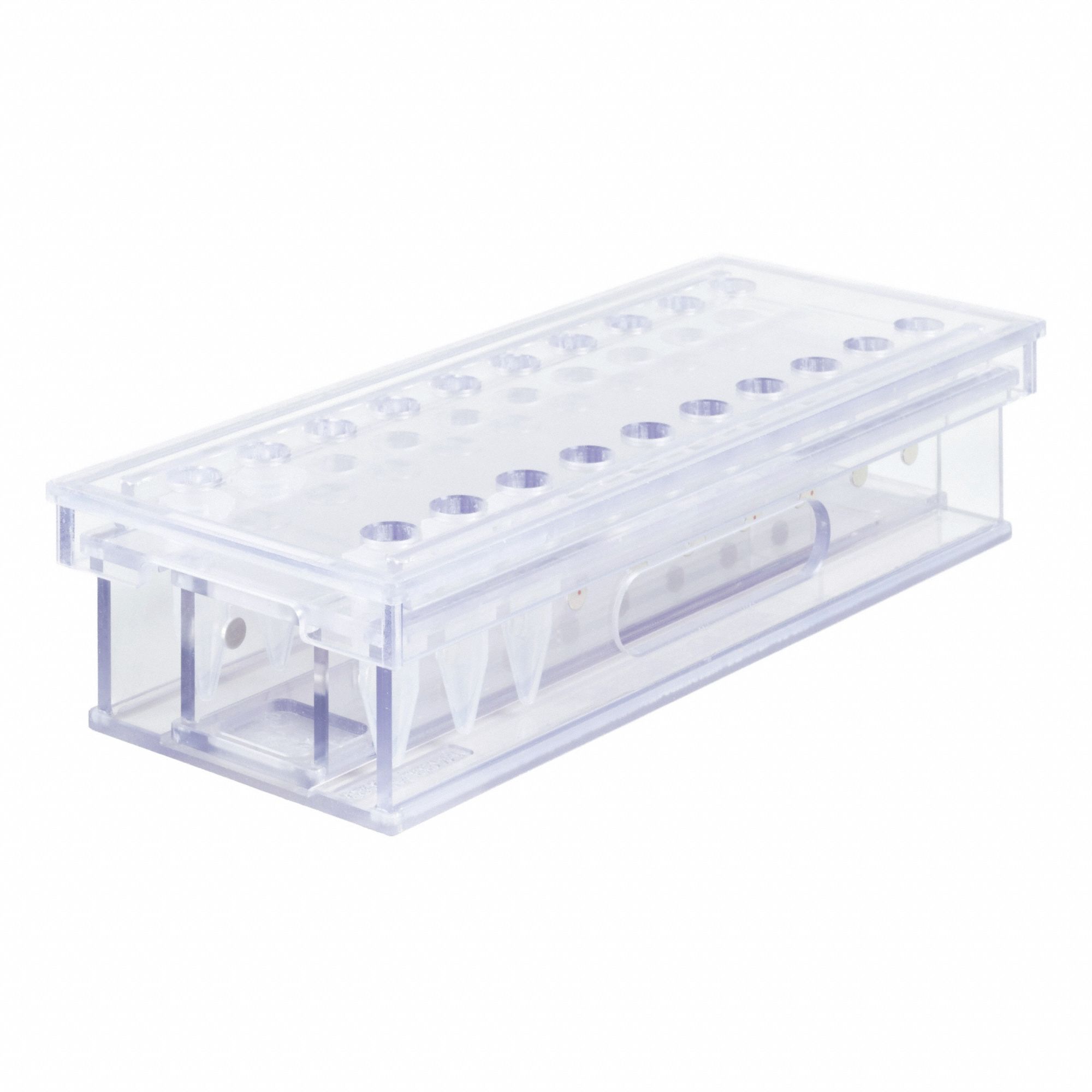 Mag Bead Separation Rack: 14 3/4 in Overall Wd, 3 3/4 in Overall Ht, 6 3/4 in Overall Lg, PETG (MPN MAGBEAD520). Key specifications — Material: PETG; Mounting Location: Benchtop; Color: Clear; Product Type: Magnetic Bead Separation Racks; Total Holding Capacity: (20) Tubes; Brand: POLTEX.