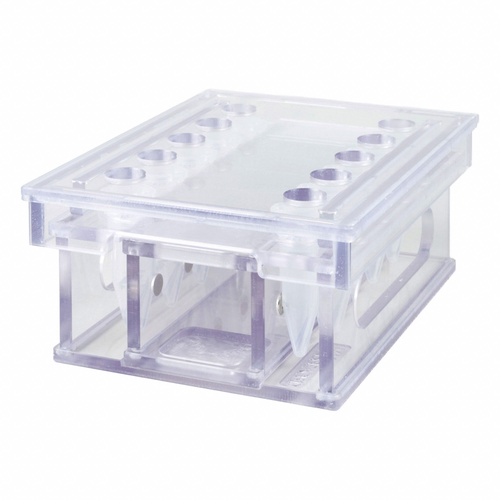 Mag Bead Separation Rack: 8 1/2 in Overall Wd, 3 3/4 in Overall Ht, 6 3/4 in Overall Lg, PETG, Clear (MPN MAGBEAD510). Key specifications — Material: PETG; Mounting Location: Benchtop; Color: Clear; Product Type: Magnetic Bead Separation Racks; Total Holding Capacity: (10) Tubes; Brand: POLTEX.
