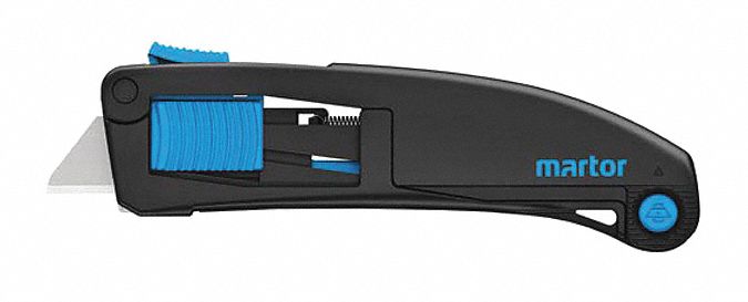 SAFETY KNIFE, 6 IN OVERALL L, PLAIN, 1¾ IN OVERALL W, PLASTIC, BLACK/BLUE, QUICK-CHANGE