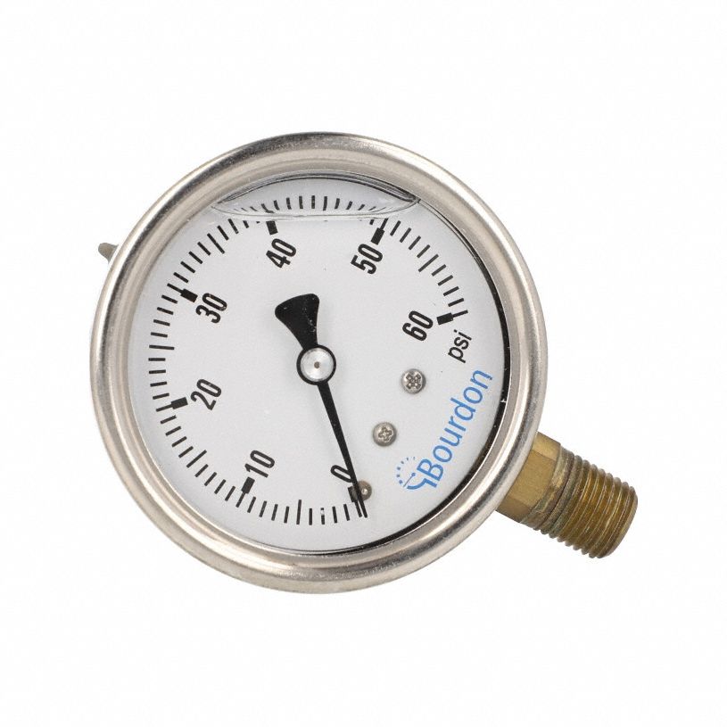 Pressure Gauge: 60 psi, 2 1/2 in Dial, 1/4 in NPT Male, Bottom, ±1.60% Accuracy, Copper