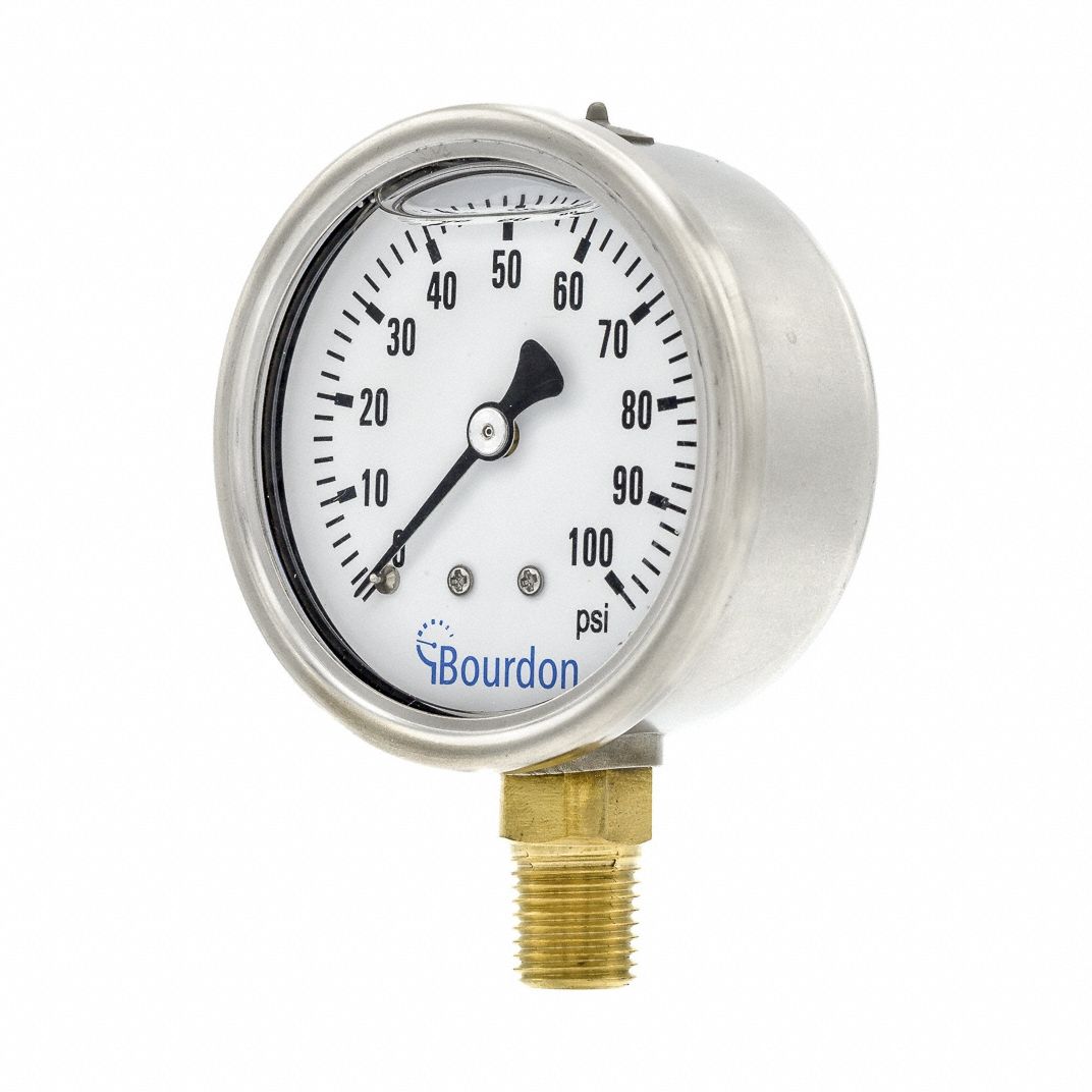 Pressure Gauge: 100 psi, 2 1/2 in Dial, 1/4 in NPT Male, Bottom, ±1.60% Accuracy, Copper