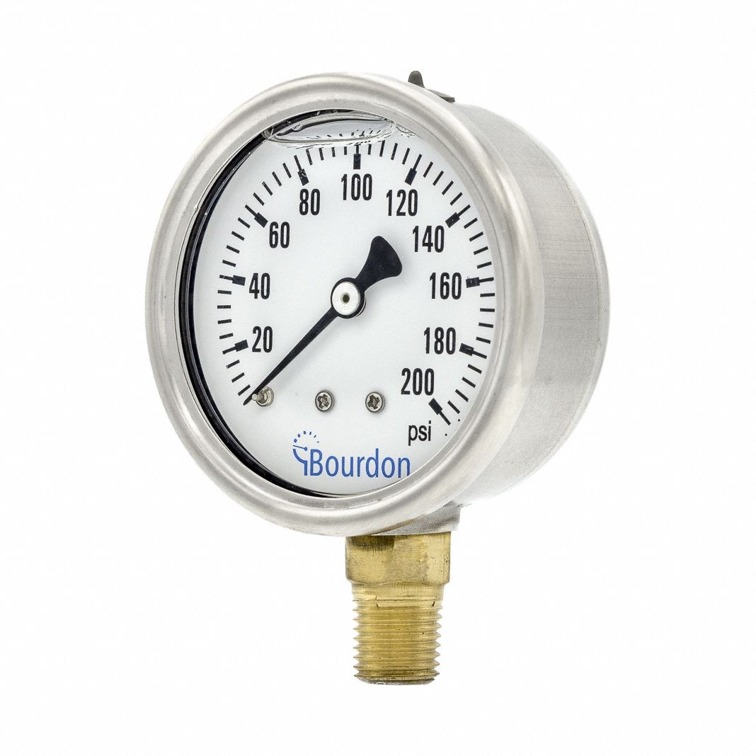 Pressure Gauge: 200 psi, 2 1/2 in Dial, 1/4 in NPT Male, Bottom, ±1.60% Accuracy, Copper