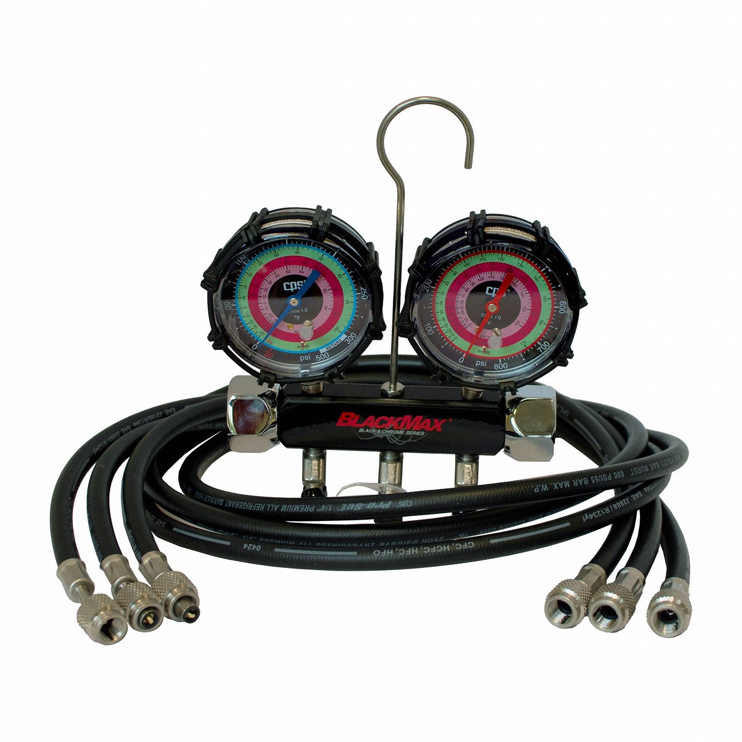 Refrigerant Manifold Set: 2 Valves, 3 Hoses, Series Blackmax, 3 1/8 in Gauge